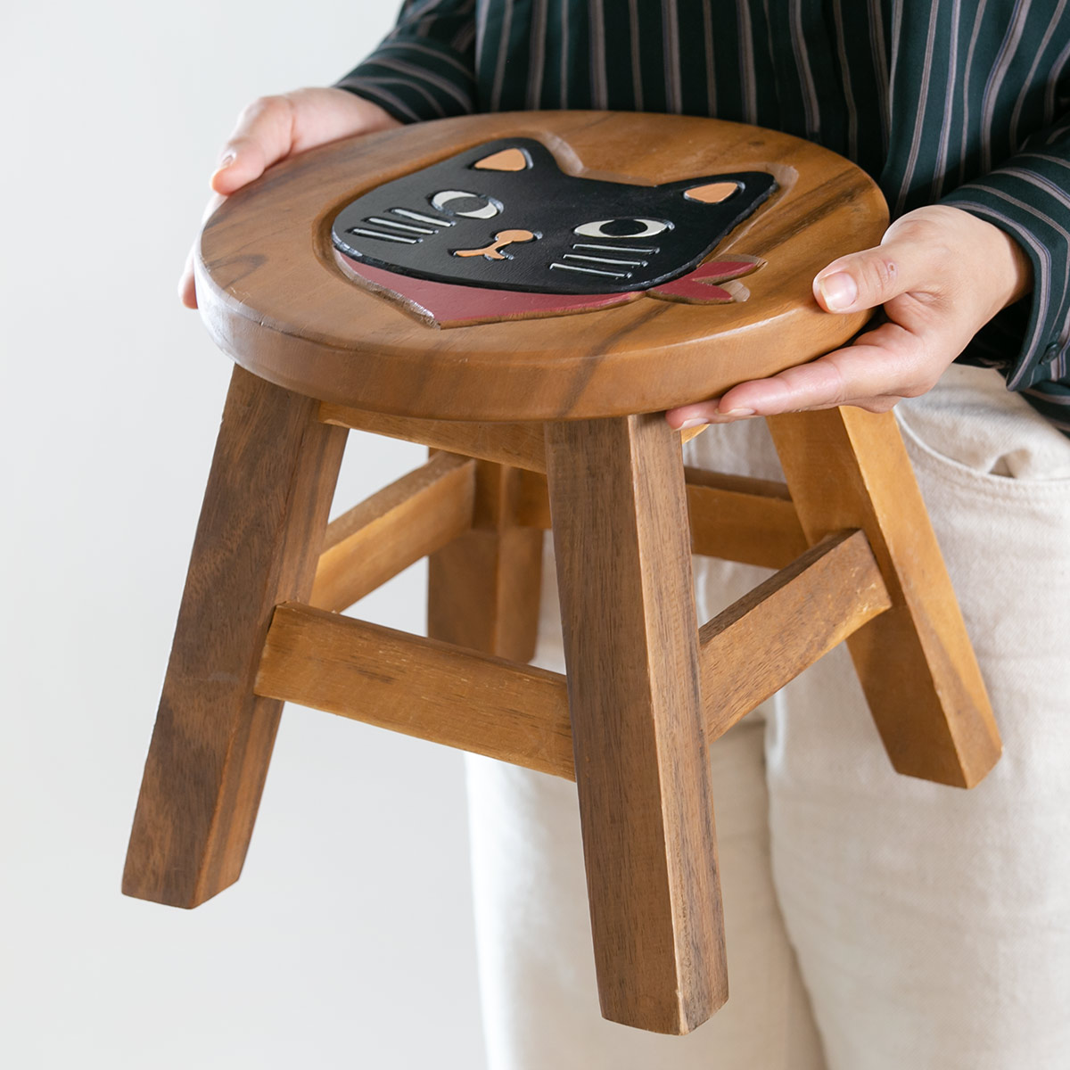 スツール スカーフねこ 木製 天然木 丸椅子 （ 丸 ウッドスツール