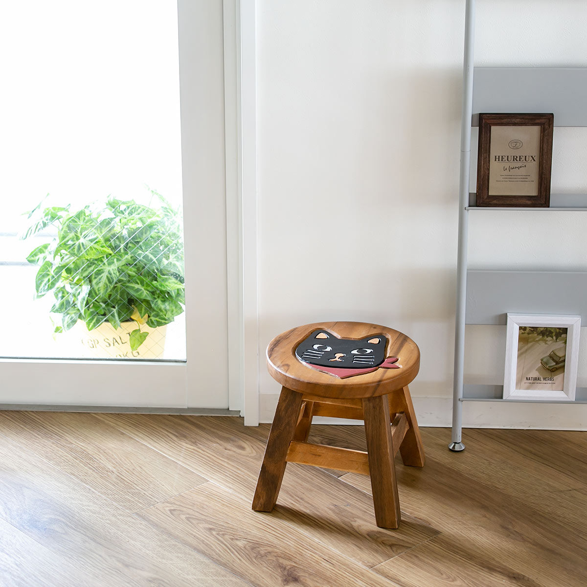 スツール スカーフねこ 木製 天然木 丸椅子 （ 丸 ウッドスツール