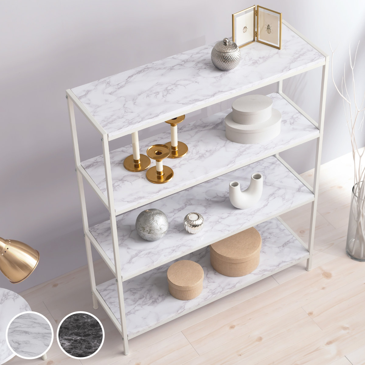 HAGiHARA（萩原） オープンラック 4段 大理石調天板 スチールフレーム