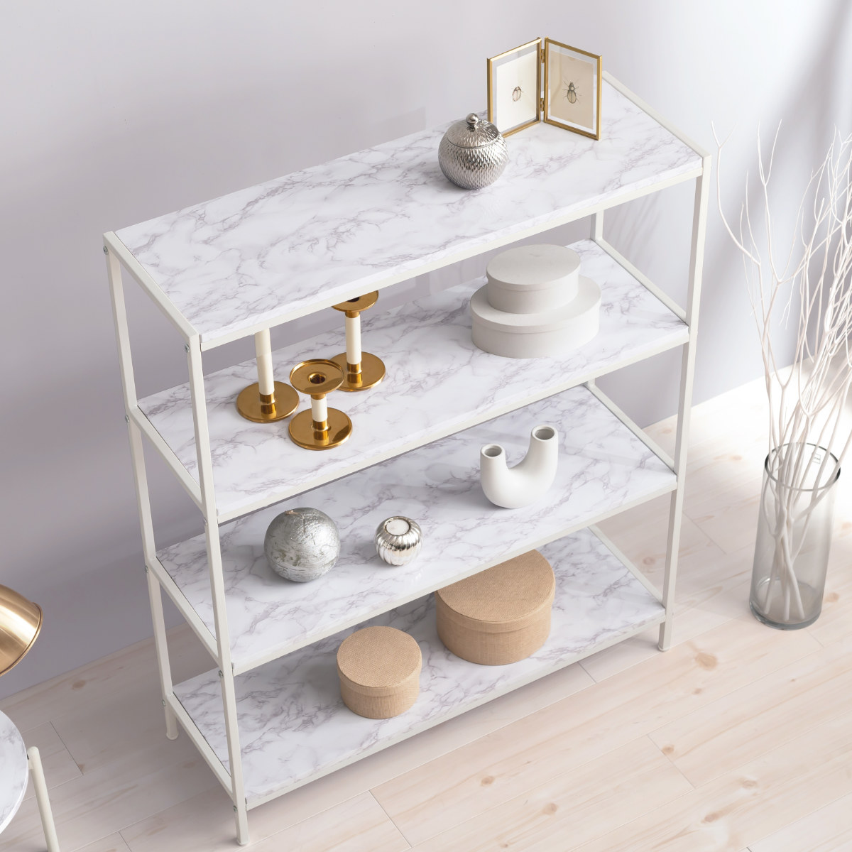 HAGiHARA（萩原） オープンラック 4段 大理石調天板 スチールフレーム