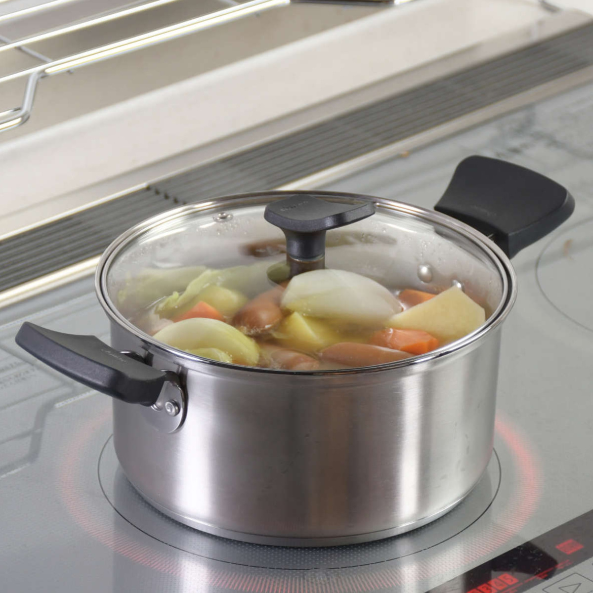 パール金属 両手鍋 18cm IH対応 チーノ ステンレス製 3層底 ガラス蓋