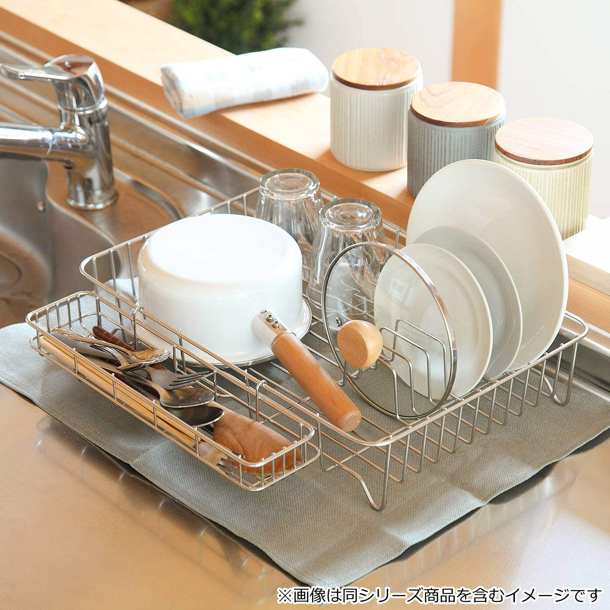 水切りラック Outline 水切りバット 幅43cm （ 日本製 リネンライナー付き ステンレス シンク上 アウトライン 水切りかご 水切りカゴ 水切りバスケット ）の画像