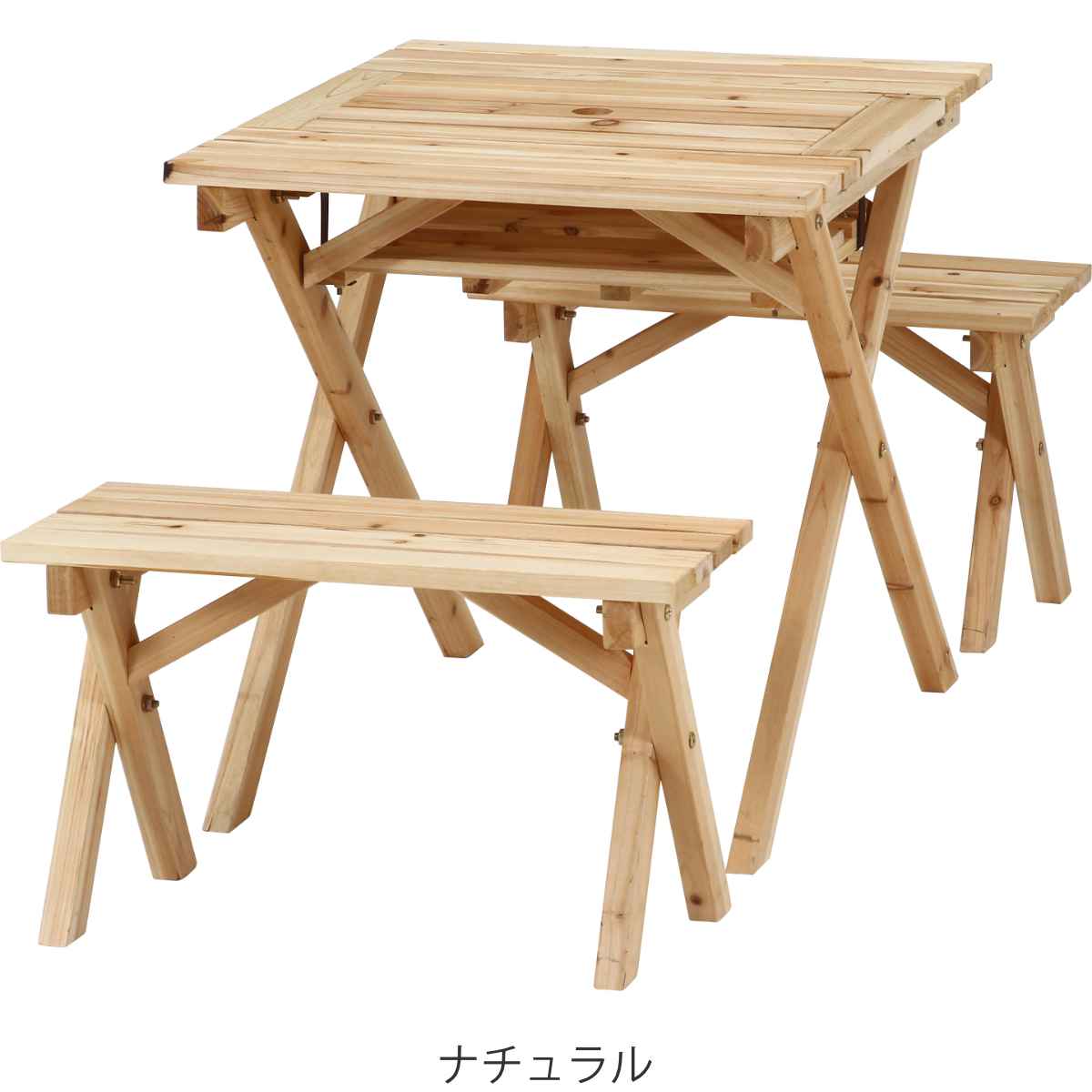 ガーデンテーブル 杉材BBQテーブル＆ベンチセット ミニコンロスペース付 木製 ブラウン