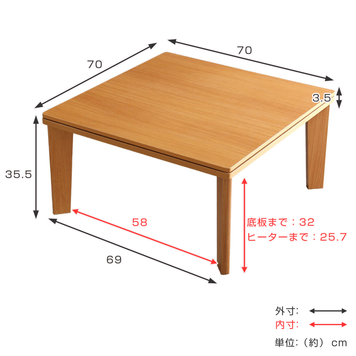 こたつ 幅70cm 木目調 テーブル リバーシブル天板 （ コタツ 正方形 ローテーブル 70 リビングテーブル 薄型ヒーター おしゃれ 角型  リビングこたつテーブル ）