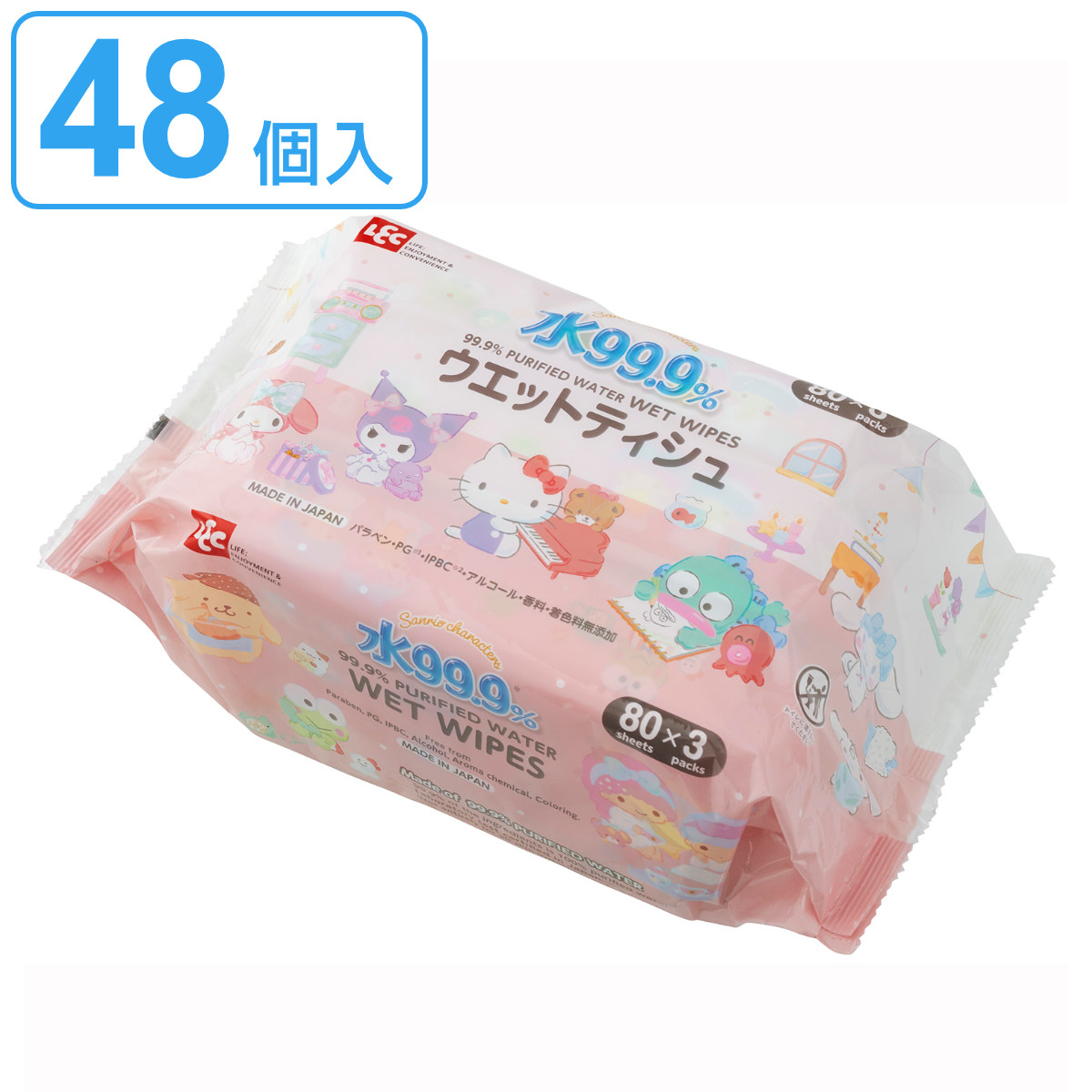 ウェットシート サンリオキャラクター 純水99.9％ 80枚 48個入 （ ウェットティッシュ sanrio サンリオキャラクターズ ノンアルコール 無香料 まとめ買い ）
