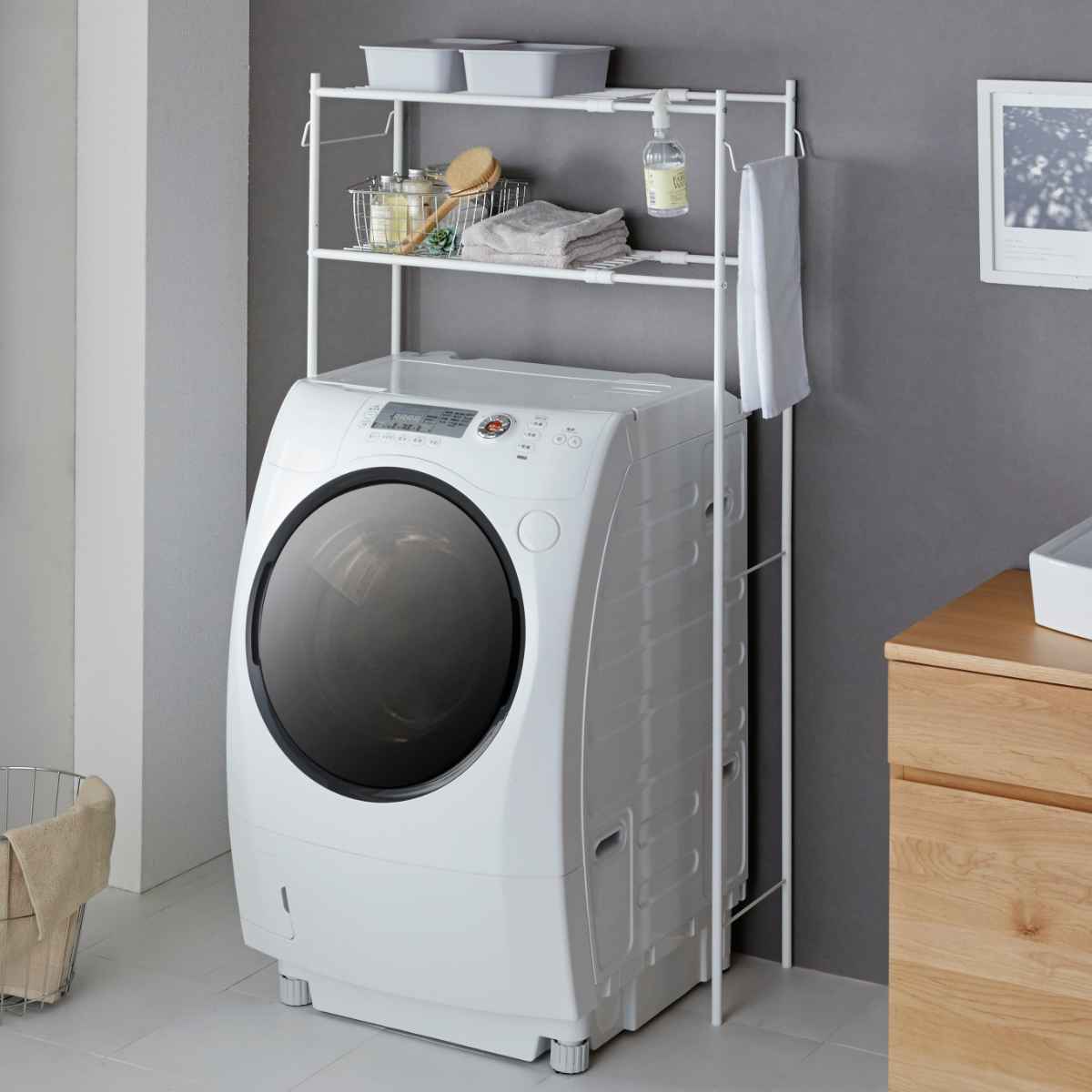 ランドリーラック タオル掛け付き マットホワイト （ 洗濯機ラック