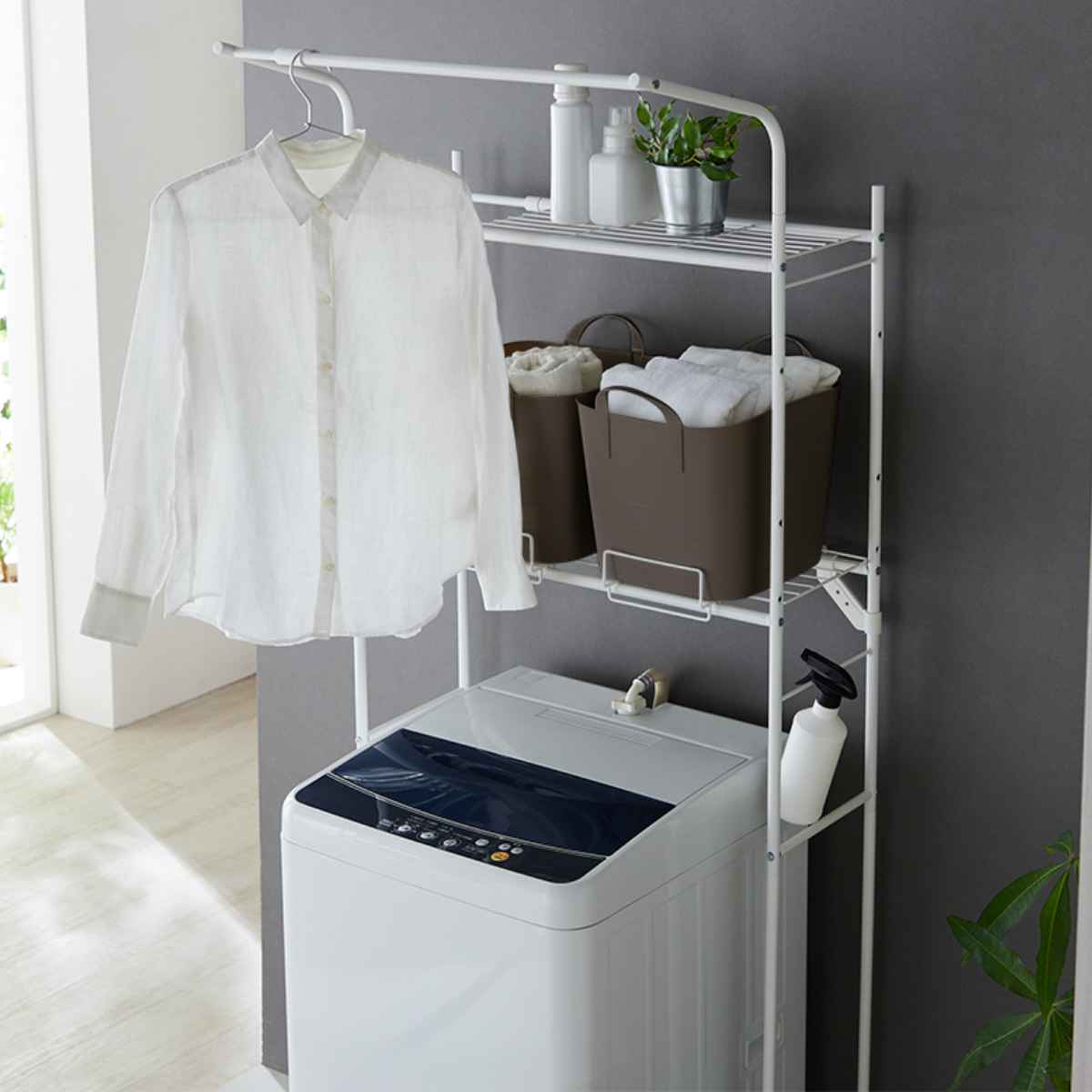 ランドリーラック バスケット台付き マットホワイト （ 洗濯機ラック