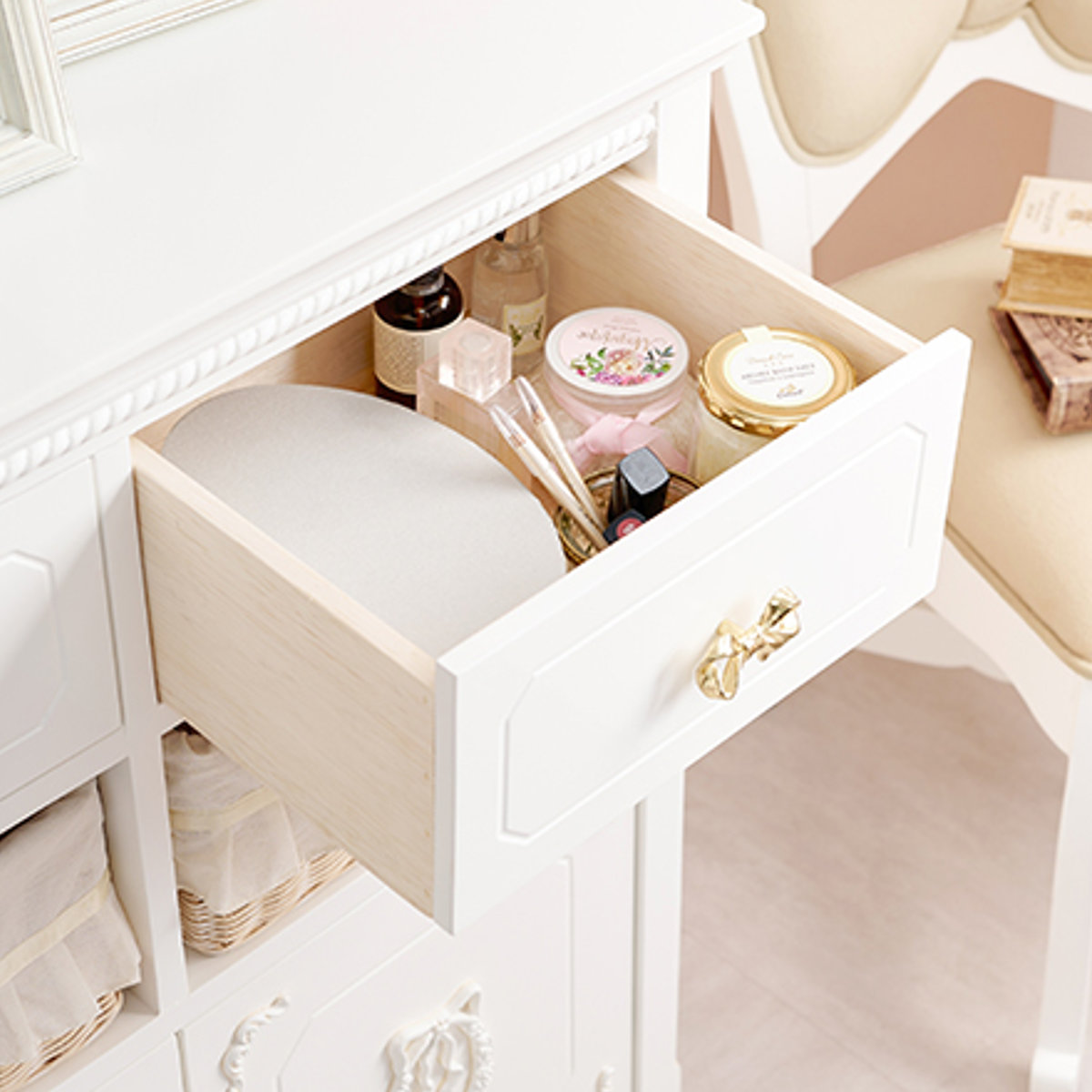 HAGiHARA（萩原） キャビネット バスケット付 姫系 白家具 リボン引手