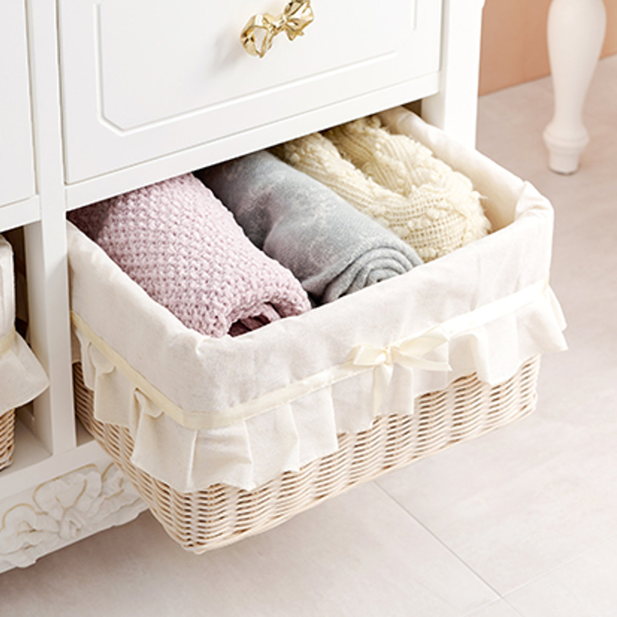 HAGiHARA（萩原） ローチェスト 2段3列 バスケット付 姫系 白家具 幅