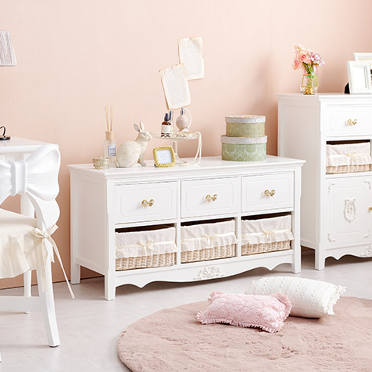 HAGiHARA（萩原） ローチェスト 2段3列 バスケット付 姫系 白家具 幅