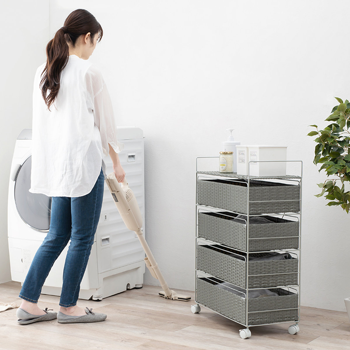 HAGiHARA（萩原） ランドリーチェスト 4段 幅60cm 高さ85cm キャスター