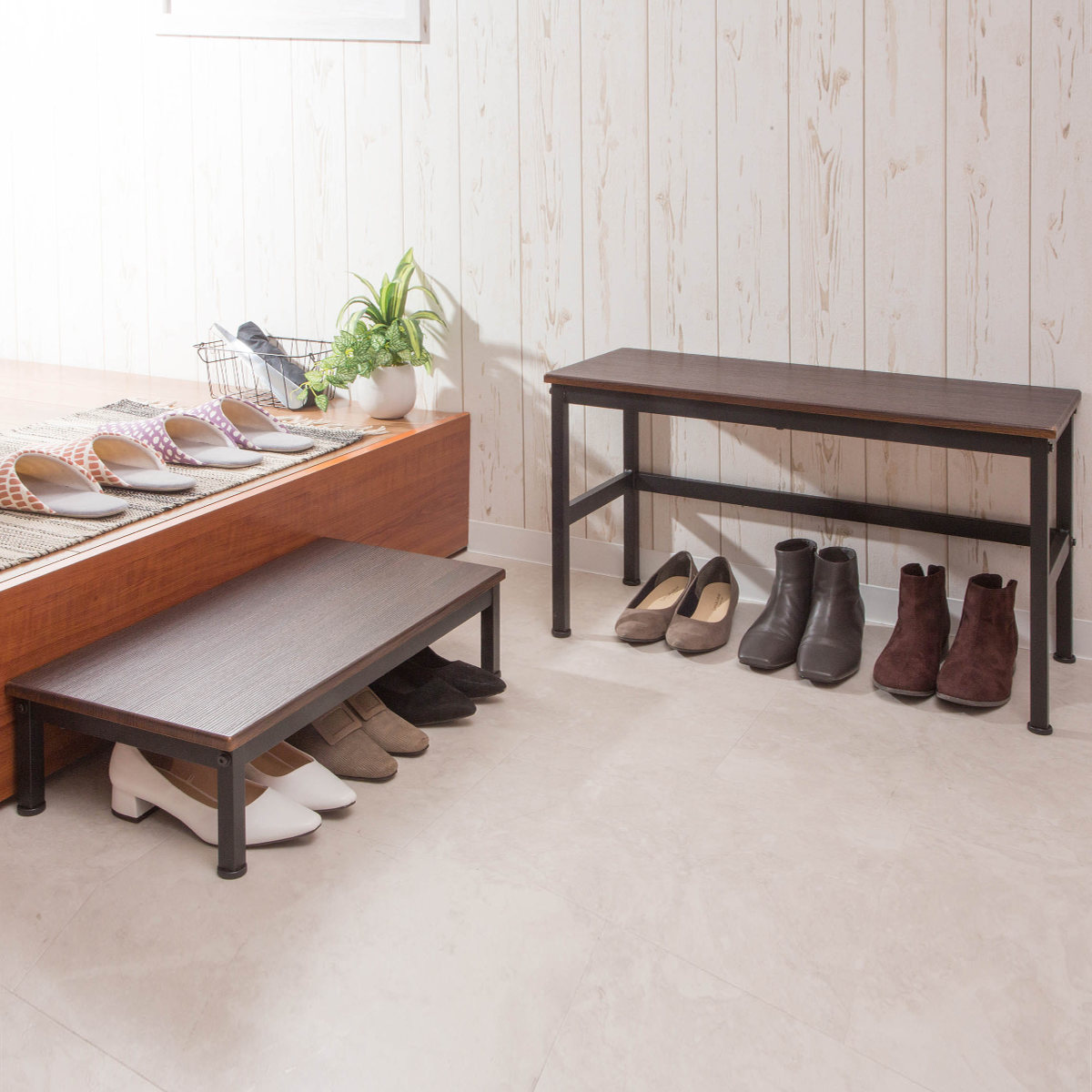 玄関ベンチ＆踏み台セット スチールフレーム （ ステップ台 子供 椅子