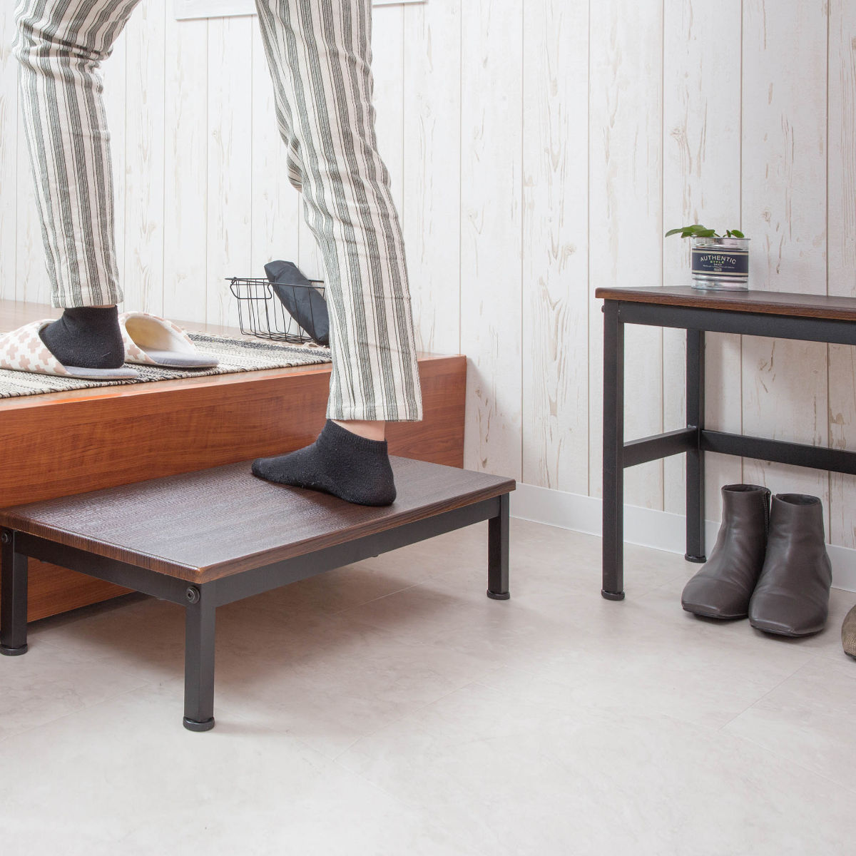 玄関ベンチ＆踏み台セット スチールフレーム （ ステップ台 子供 椅子