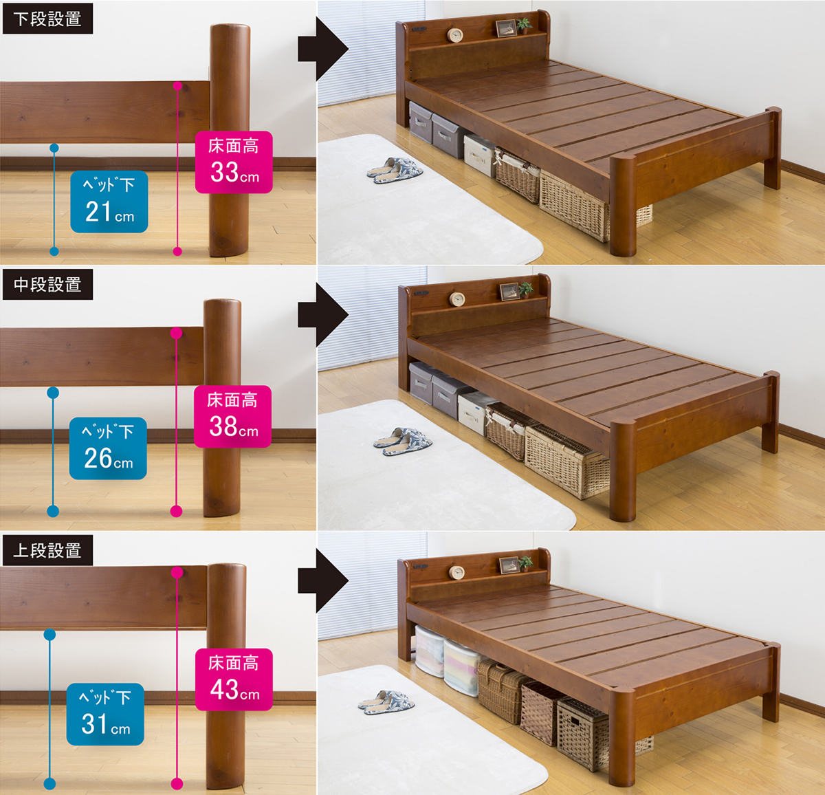 すのこベッド ダブル 宮棚 コンセント 耐荷重600kg 天然木 （ ベッド