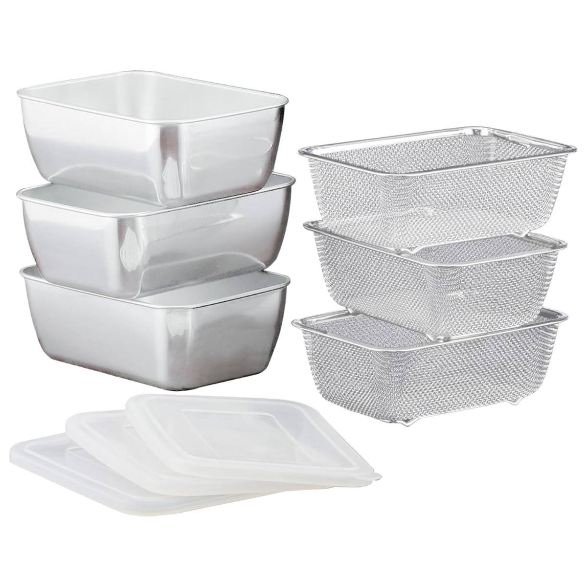 下村企販 角型バット&ザル9個セット シリコンフタ付き ステンレス製