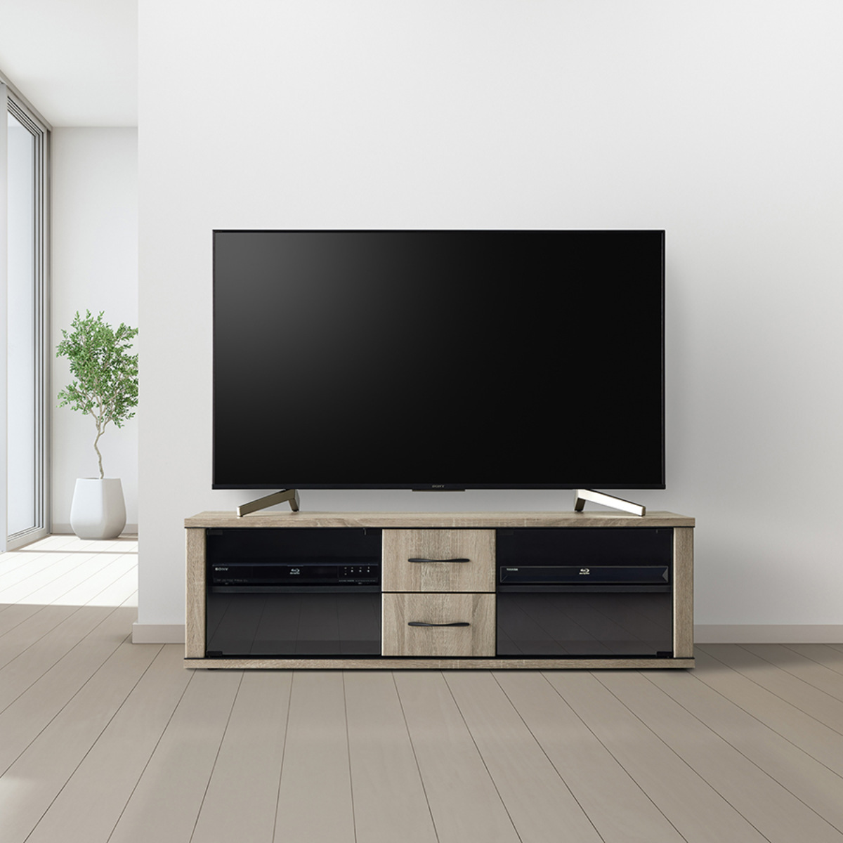 朝日木材加工 テレビ台 幅130cm ローボード ブラックガラス扉 背面収納