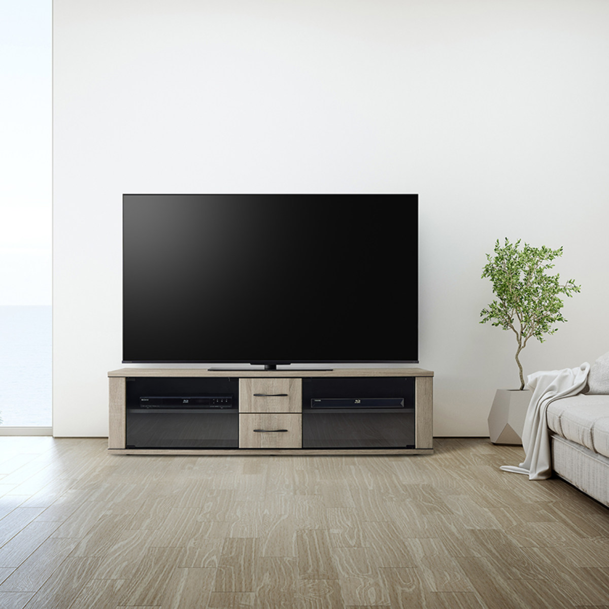 朝日木材加工 テレビ台 幅150cm ローボード ブラックガラス扉 背面収納 