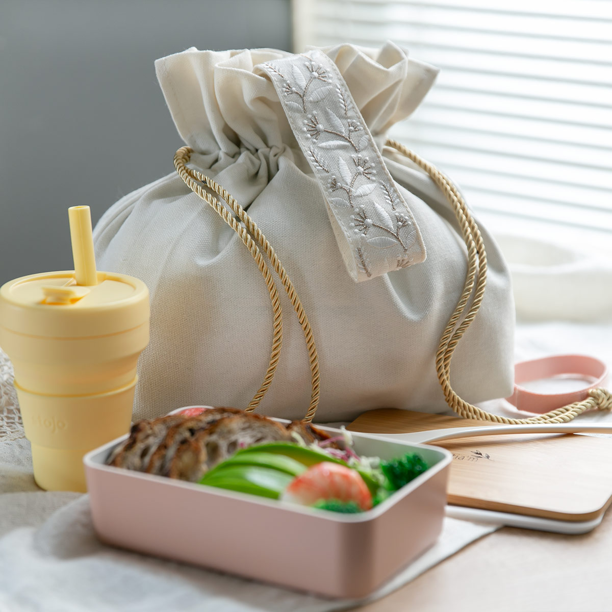 ランチバッグ くすみカラーマチ付き巾着 tiam （ 弁当袋 お弁当袋