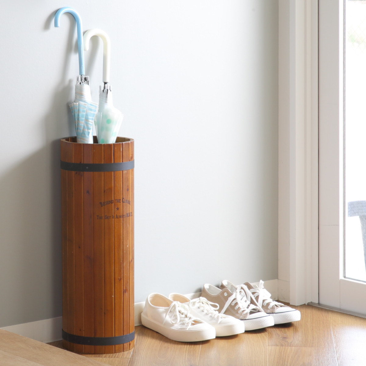 傘立て スリム 円柱 木製 受け皿付き （ アンブレラスタンド 傘立 樽風