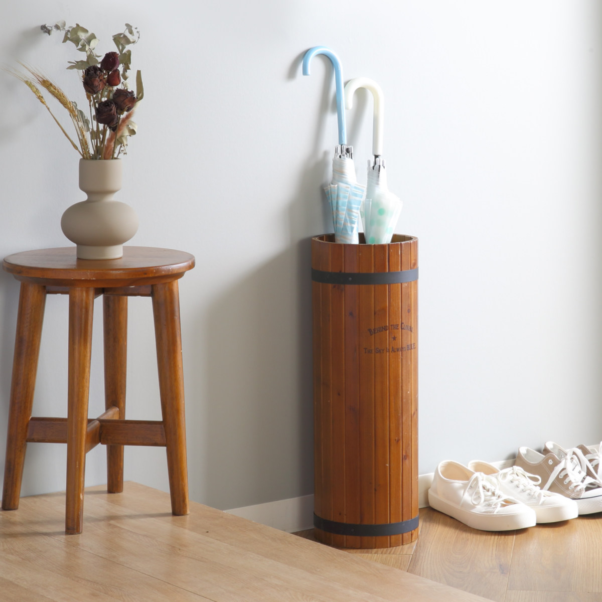 傘立て スリム 円柱 木製 受け皿付き （ アンブレラスタンド 傘立 樽風