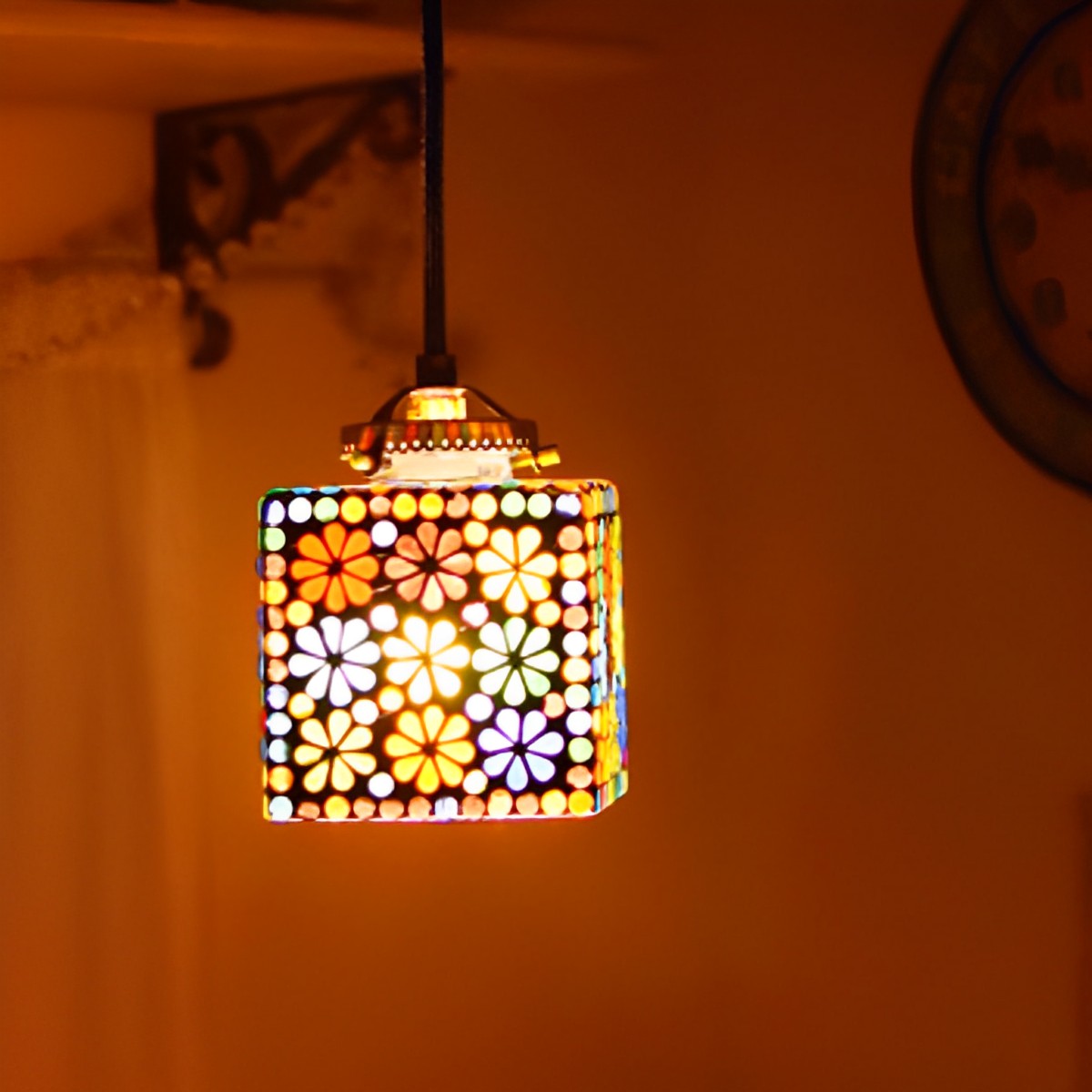 モザイクガラス テーブル ランプ 吊り下げ型 LEDライト 照明器具 インテリア 照明 モザイクハンギングランプ スクエア スクエアフラワー 幅10cm