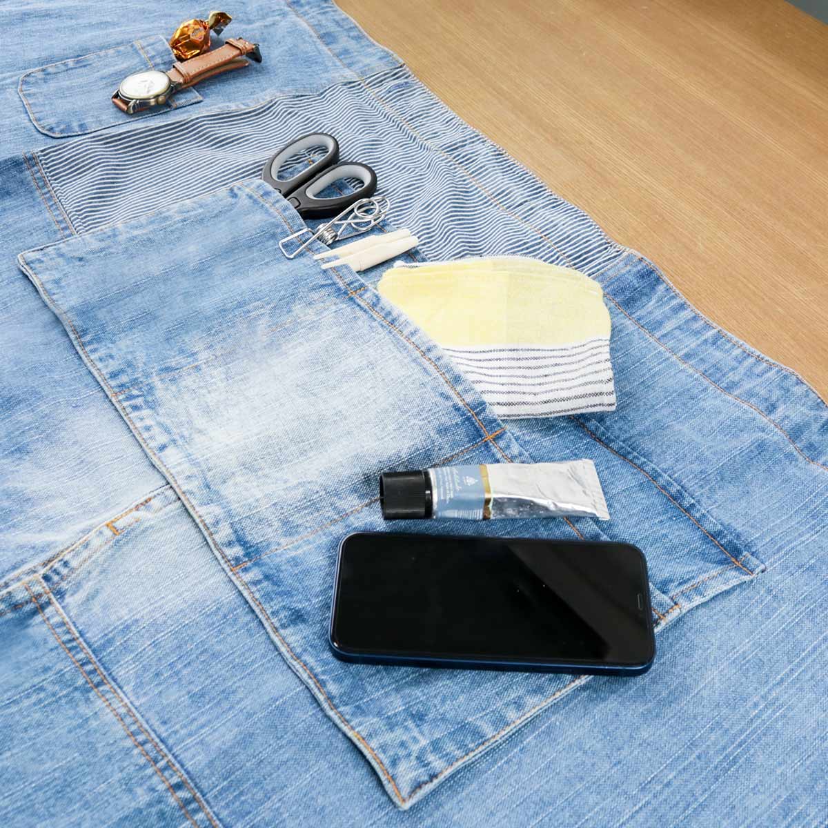 エプロン パッチワークデニムギャルソンショート （ ポケット付き