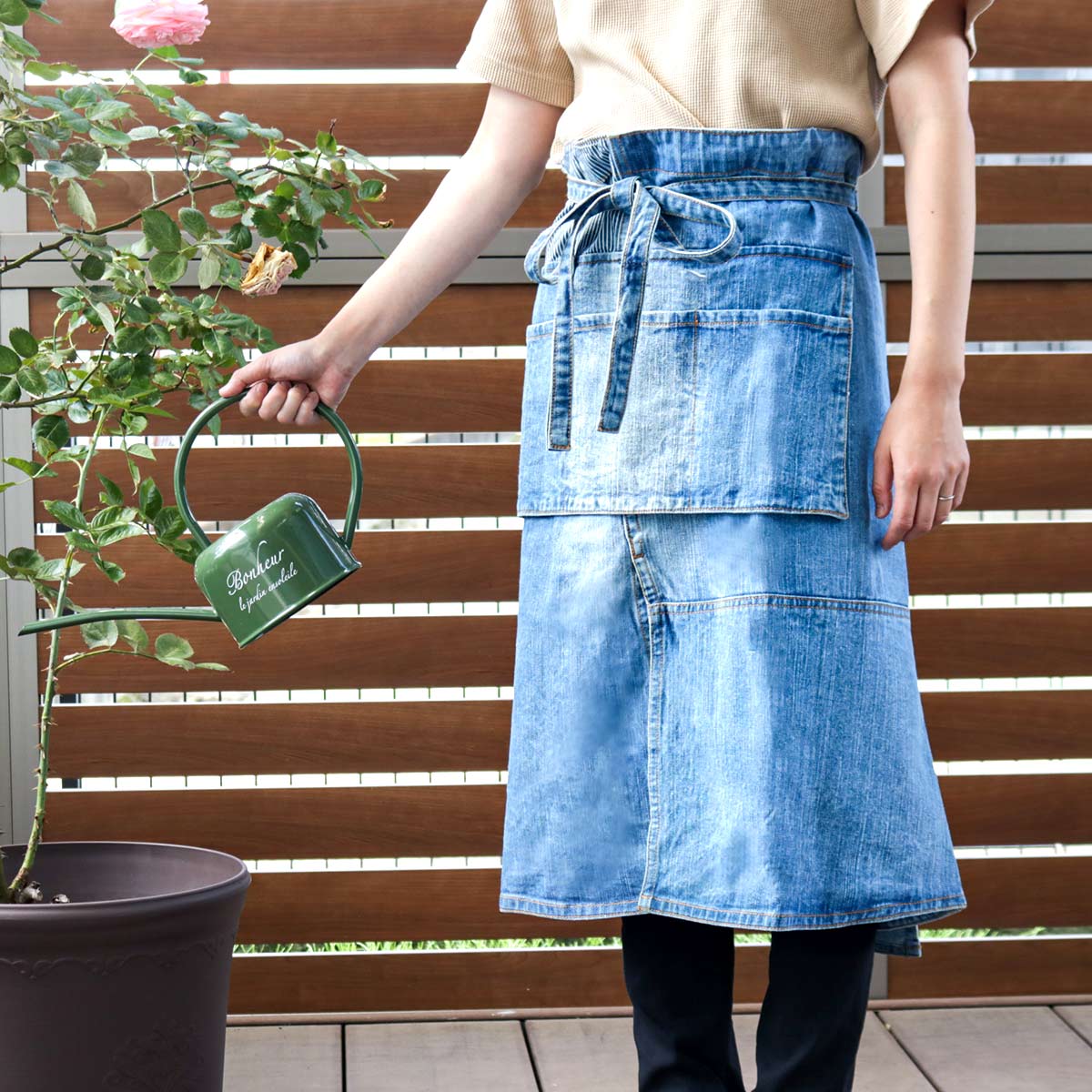 エプロン パッチワークデニムギャルソンロング （ ポケット付き デニム