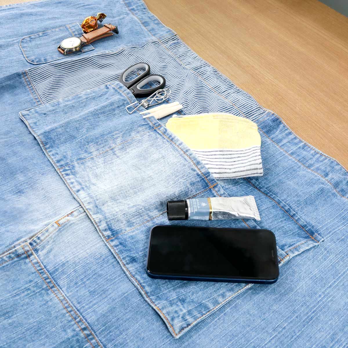 エプロン パッチワークデニムギャルソンロング （ ポケット付き デニム