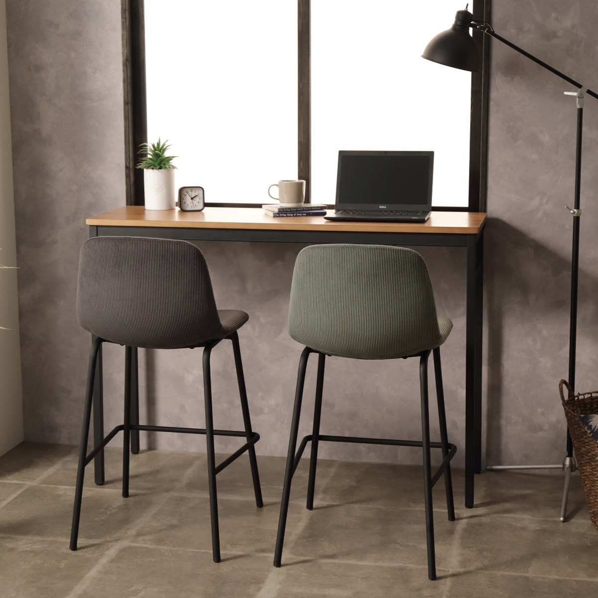 弘益 カウンターチェア 座面高58.5cm 背もたれ付き コーデュロイ