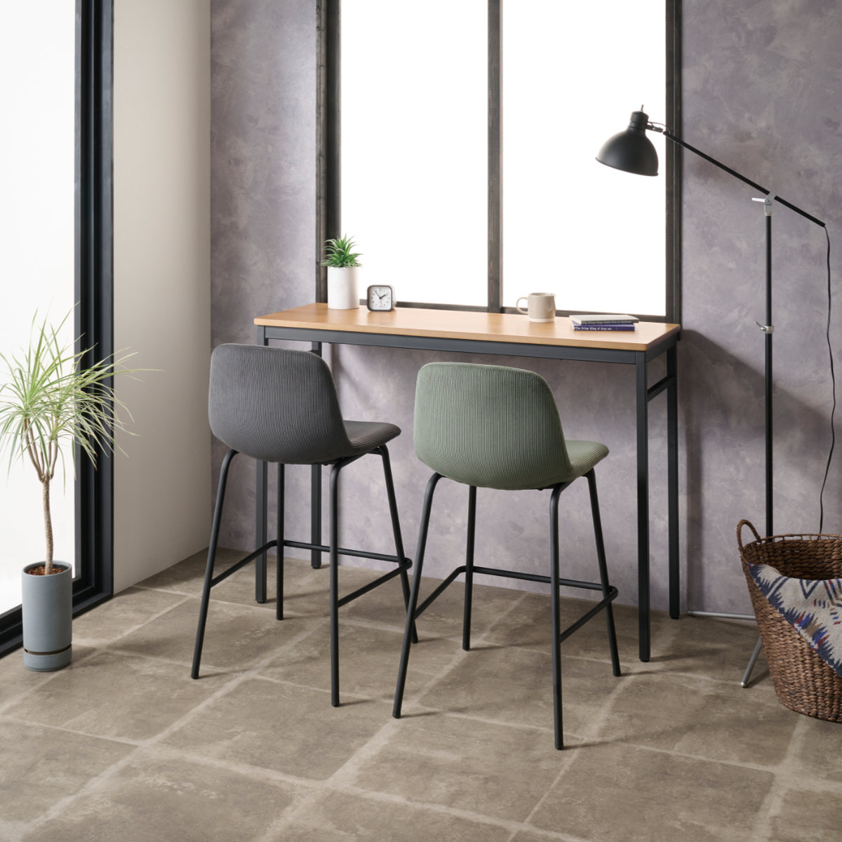 弘益 カウンターチェア 座面高58.5cm 背もたれ付き コーデュロイ