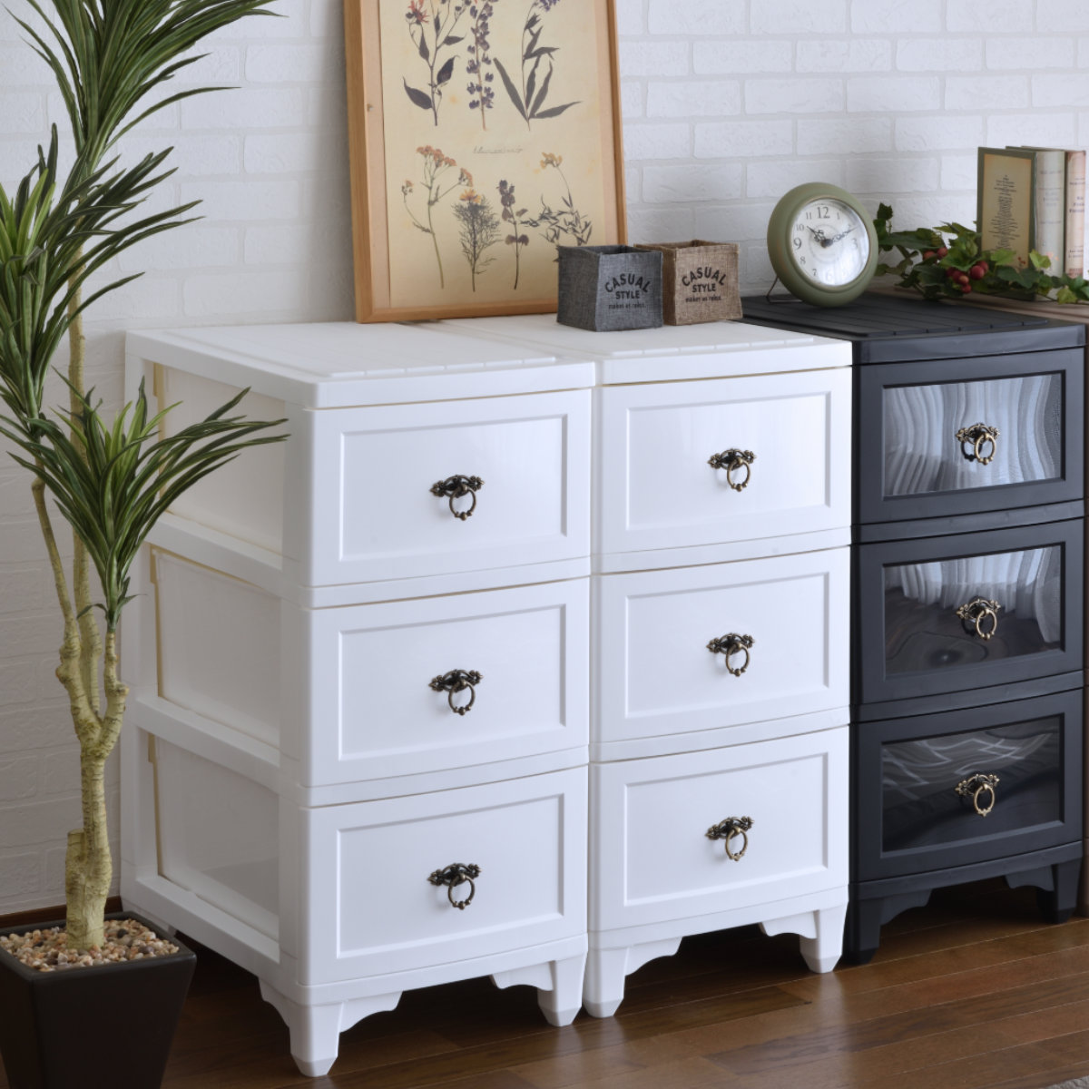 黒白ストライプチェスト 3段収納 JEJアステージ チェスト 3段 ロング 奥行68cm 黒 ブラック おしゃれ