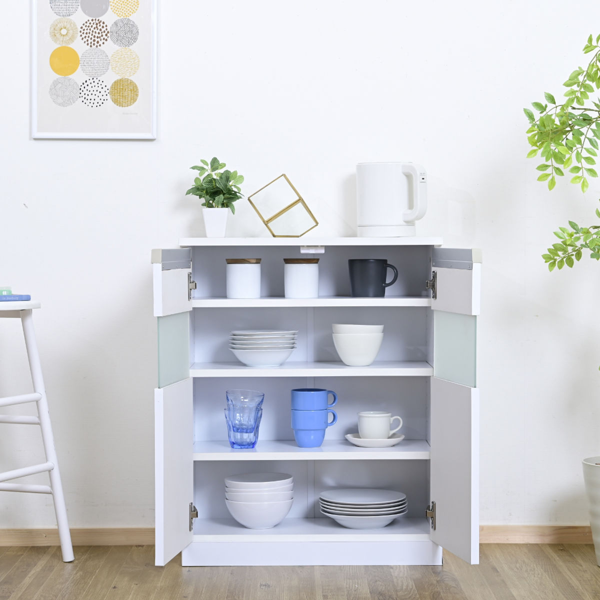 カウンター下収納 開き戸 キャビネット 鏡面前板 幅60cm （ カウンター