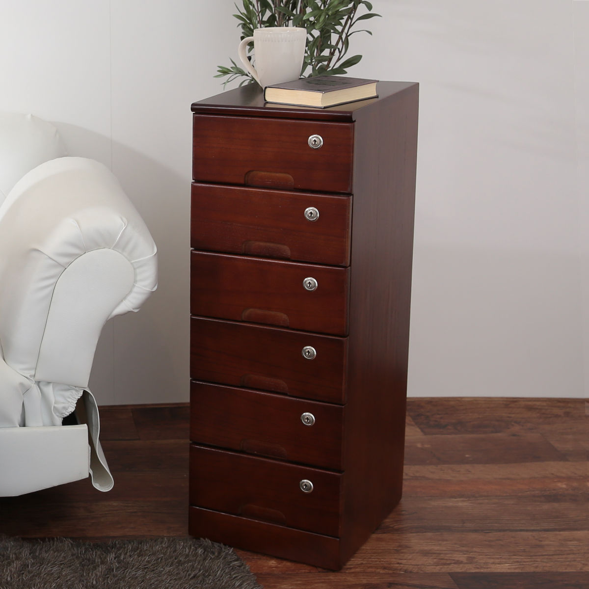 OSMAC チェスト 幅26cm 6段 スリム 桐製 鍵付き 隠しキャスター （ 桐