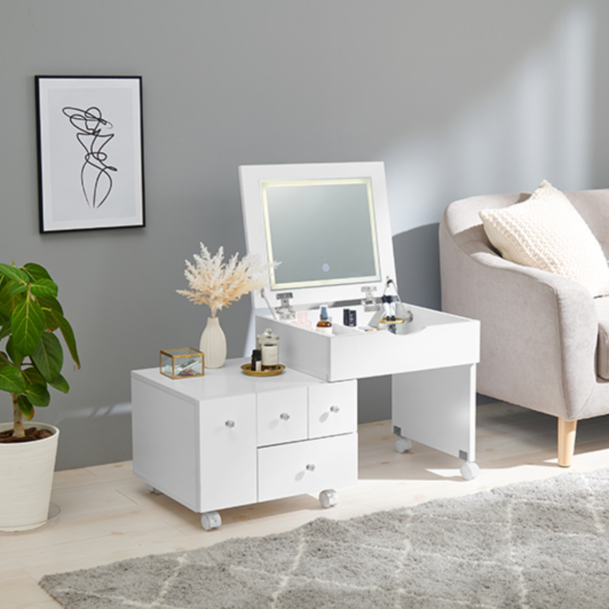 HAGiHARA（萩原） ドレッサー ワゴン 幅48〜86cm 伸縮式 ライト付き