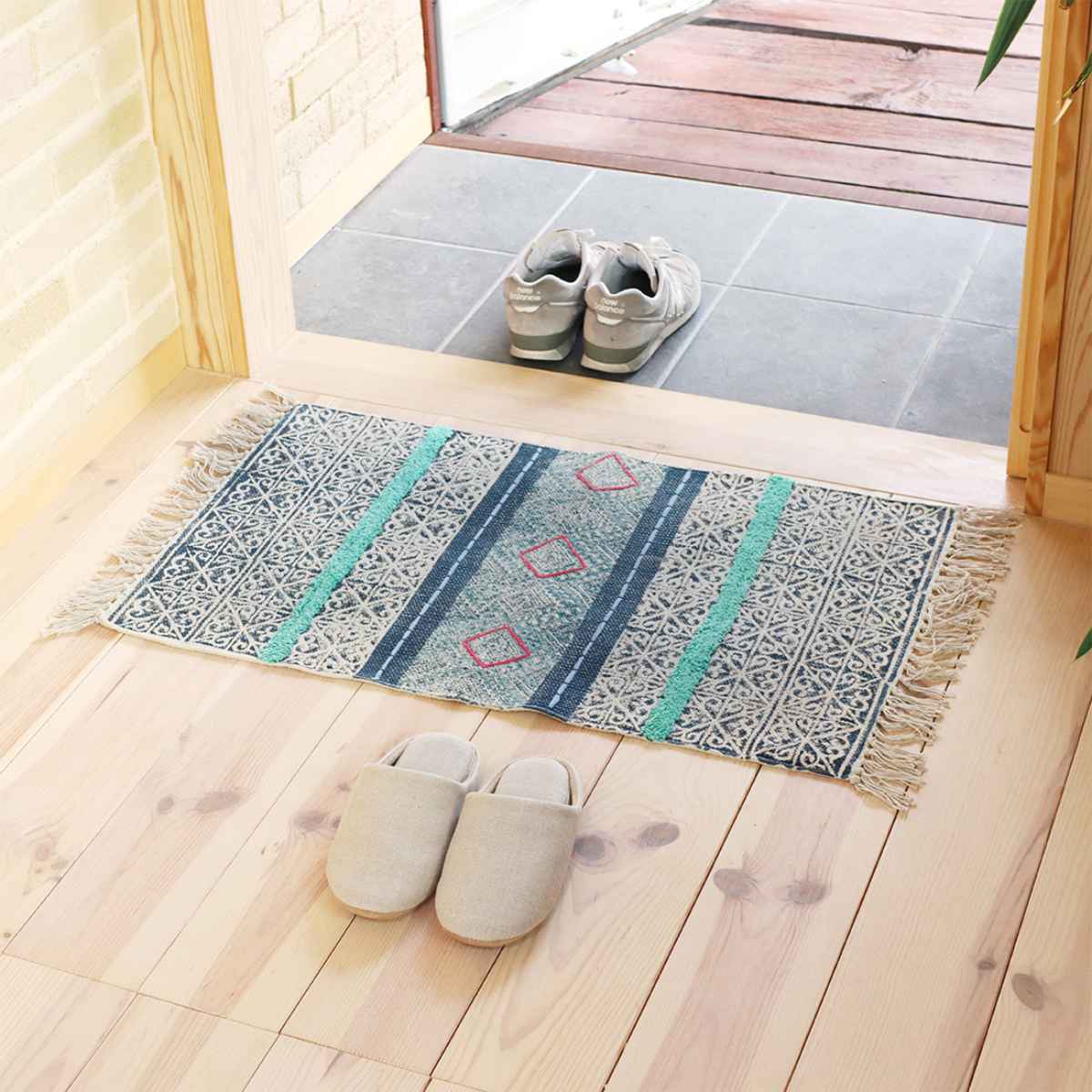 玄関マット 48×83cm 室内 ブロックプリント （ 玄関 マット 屋内 刺繍