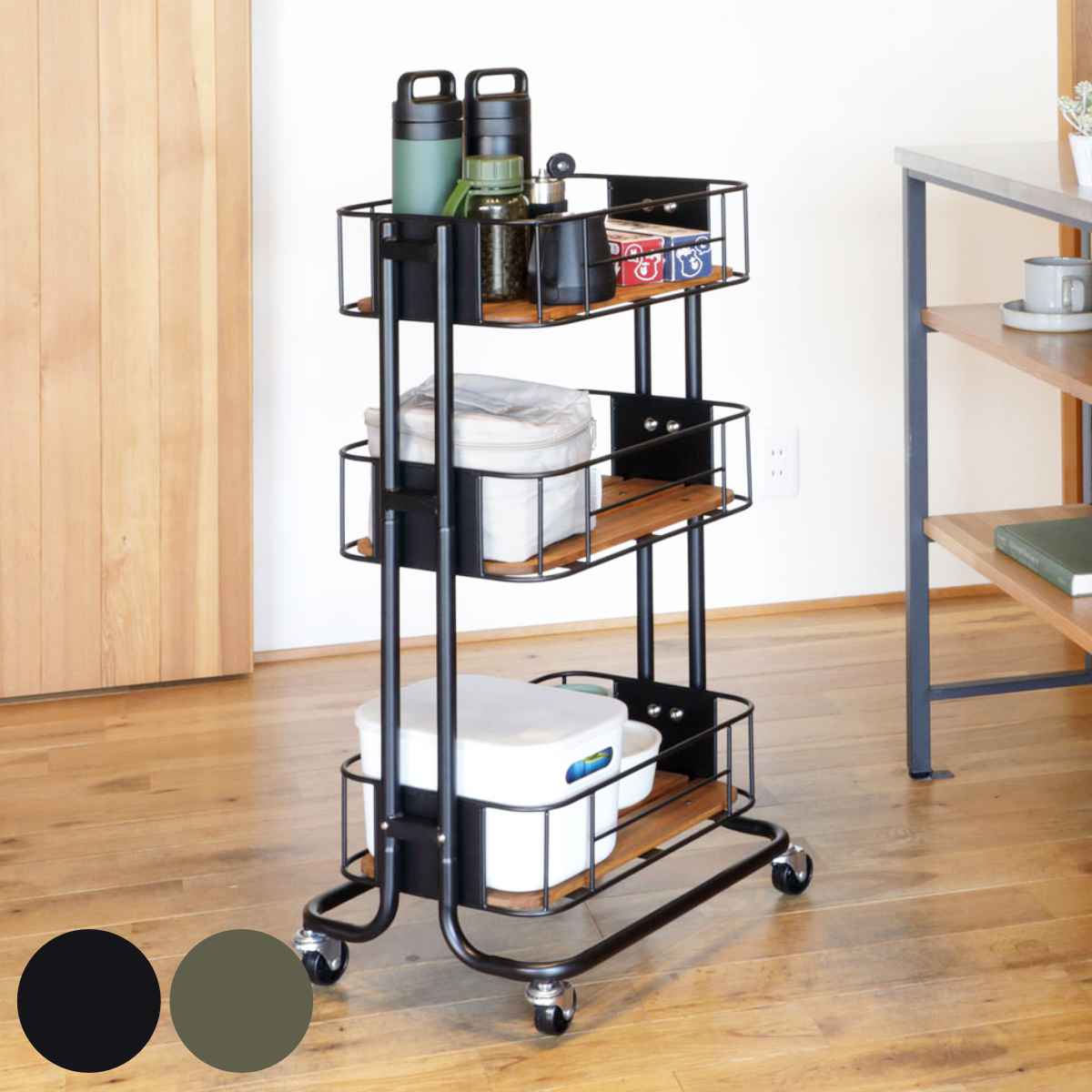 弘益 キッチンワゴン 3段 ヴィンテージ調 オイルステイン仕上げ 幅44.5