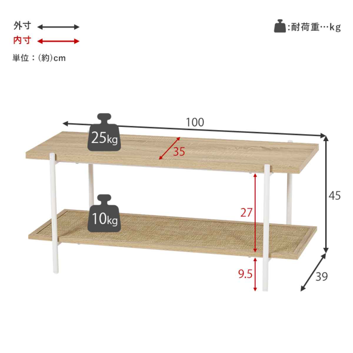 オープンラック 2段 韓国インテリア風 幅100cm （ ラック シェルフ