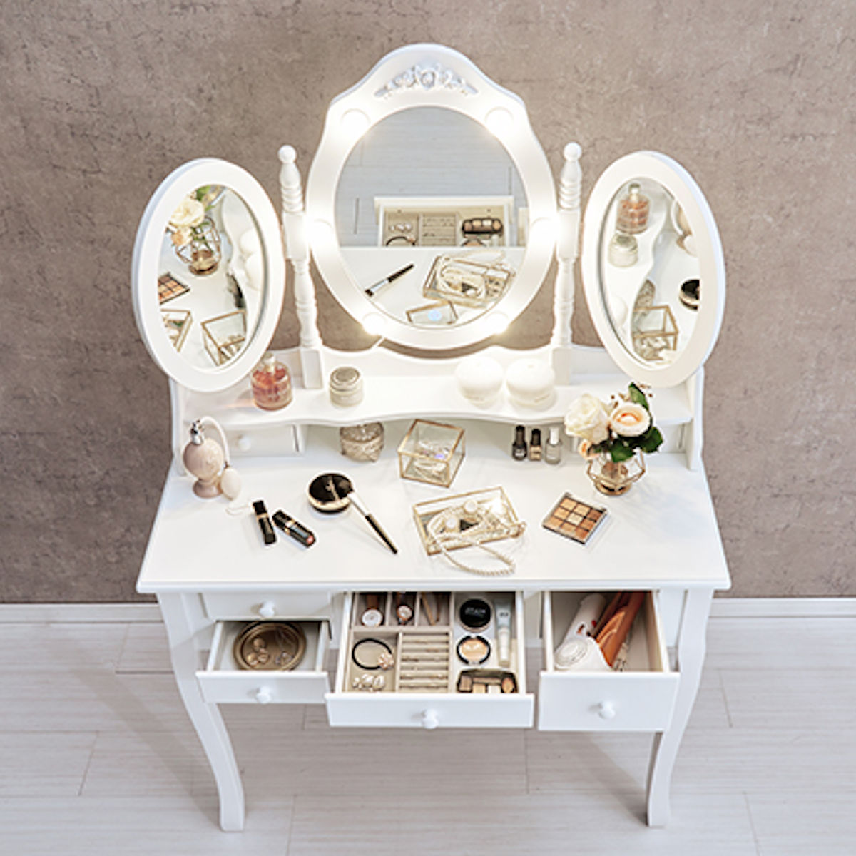 HAGiHARA（萩原） ドレッサー スツール付き 幅90cm ライト （ 調光 LED