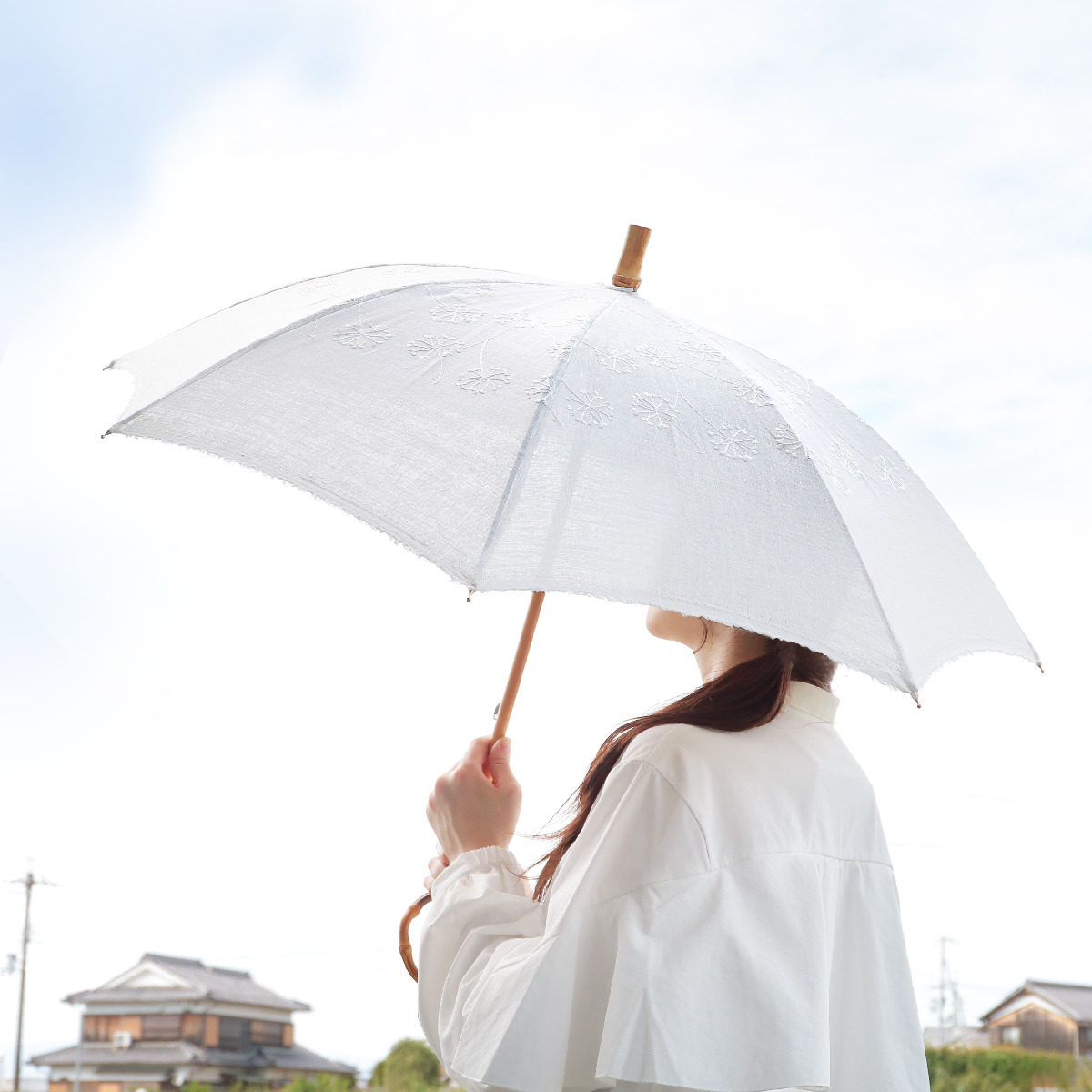 SUR MER（シュールメール） （在庫処分特価）日傘 長傘 麻刺繍 日本製