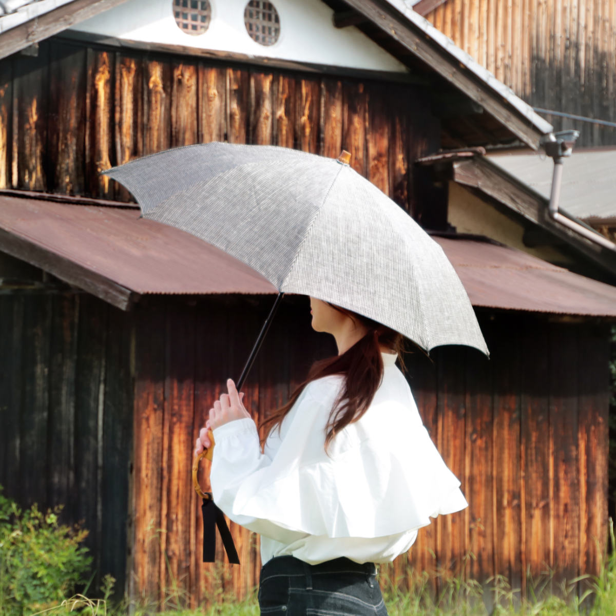 SURMER リネンの日傘 SUR MER（シュールメール） 日傘 折りたたみ クラシックリネン 千鳥柄