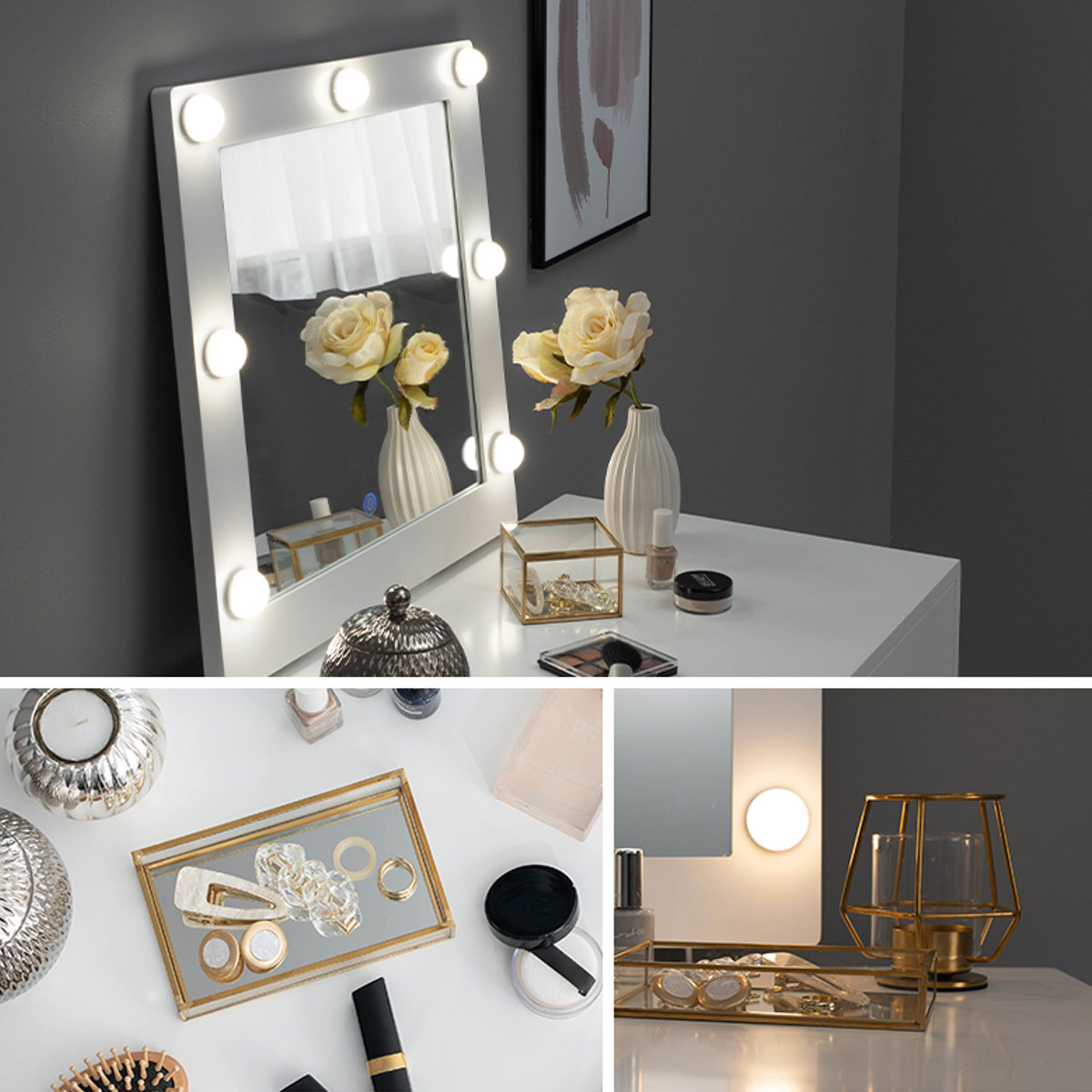 HAGiHARA（萩原） ドレッサー 幅75cm 丸ミラー ライト スツール付き