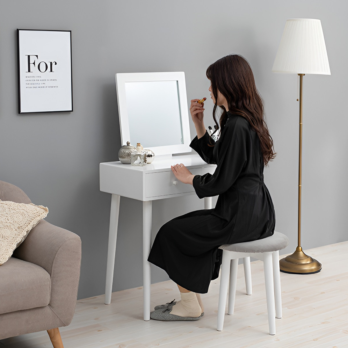 HAGiHARA（萩原） ドレッサー 幅75cm 四角ミラー スツール付き （ 鏡台