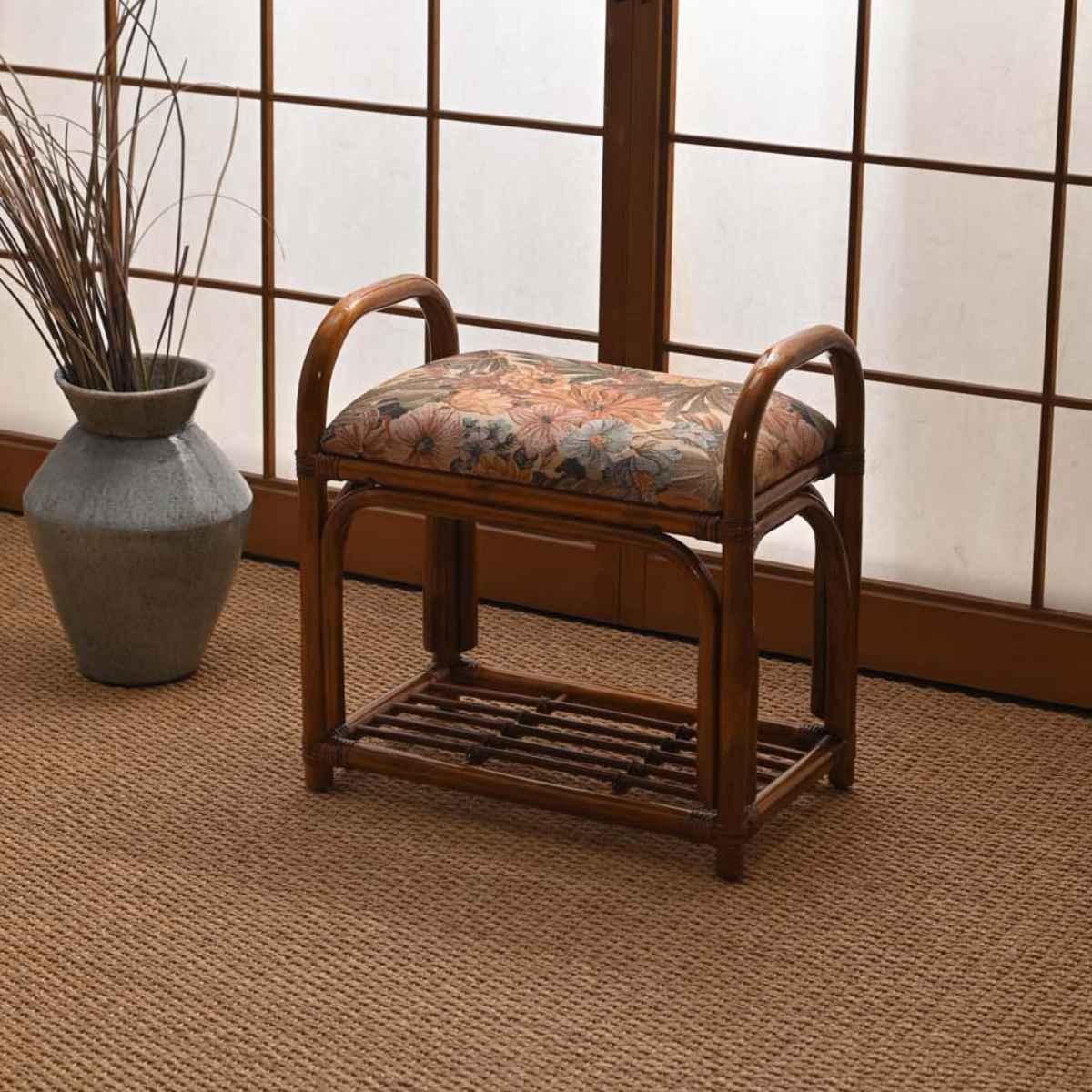 籐 高座椅子 座面高40cm 持ち手付 クッション （ ラタン 椅子 ベンチ