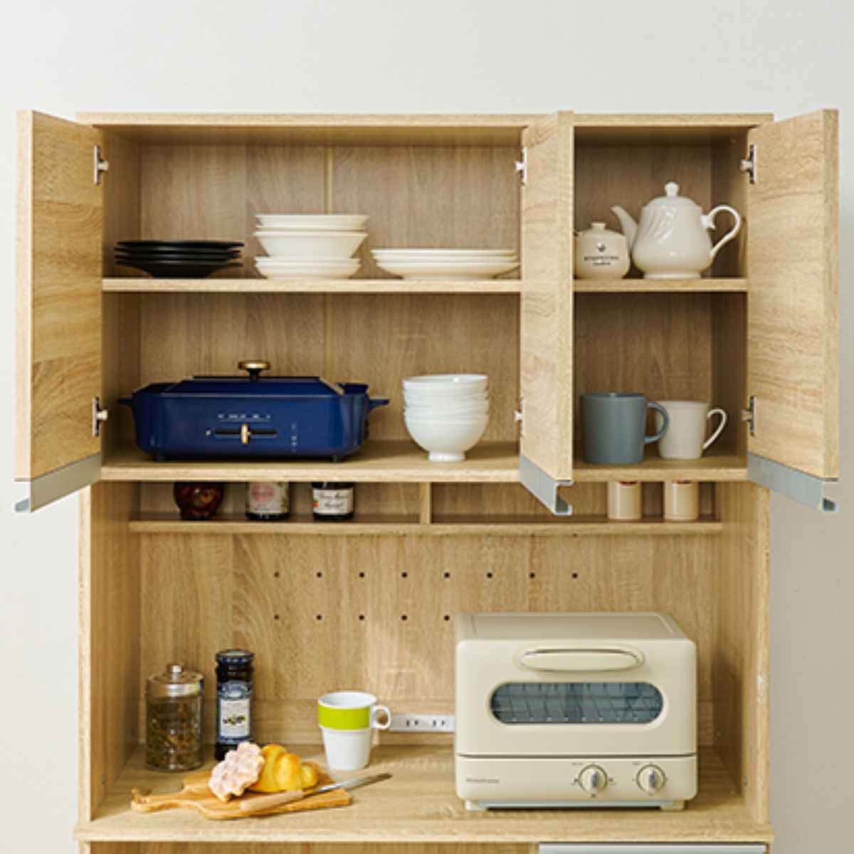 キッチンボード 北欧風 スライド棚付 幅89cm （ レンジラック 食器棚 