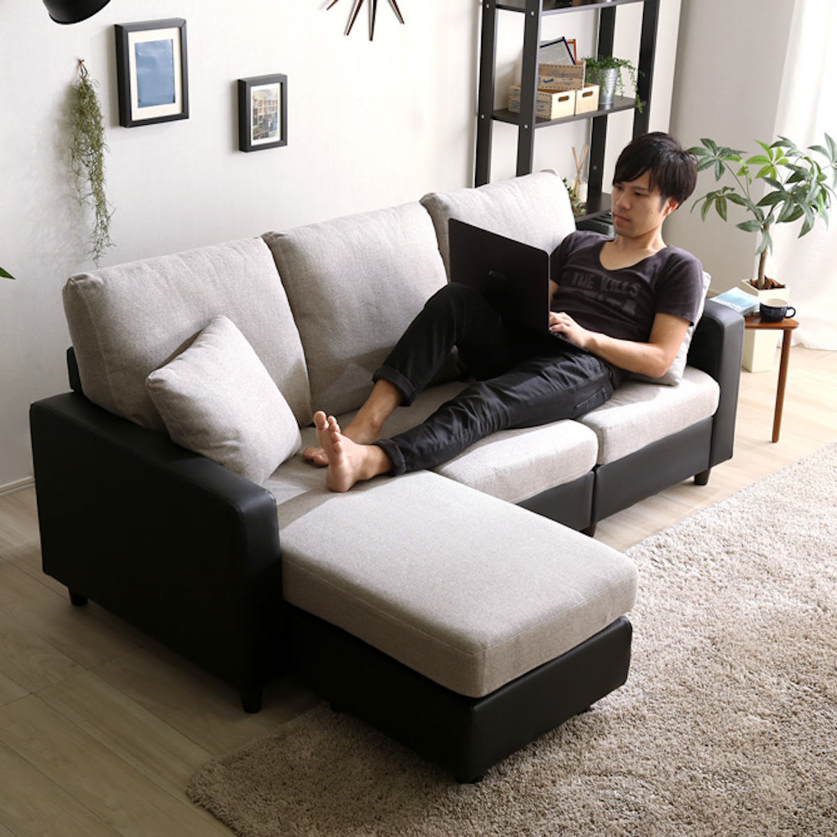 ソファー 3人掛け カウチソファ リビングソファ 肘付き オットマン PVC ホームテイスト（HOME taste） ソファ 3人掛け 幅176cm ローソファ 脚