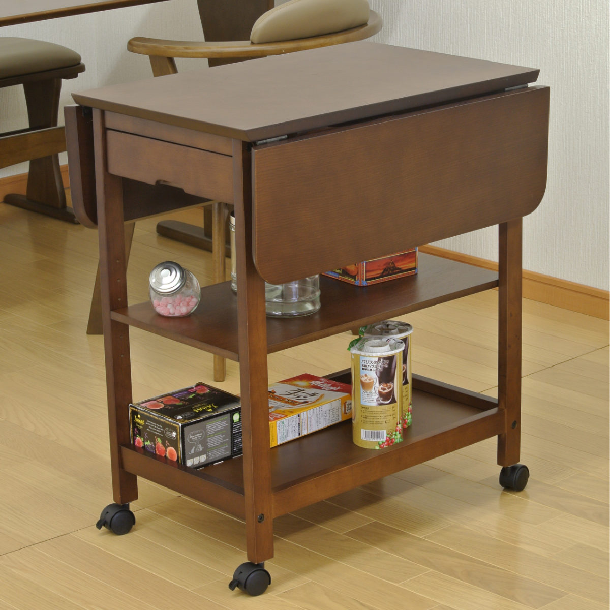 キッチンワゴン 木製 両バタ 引出し付 幅44〜80cm （ キッチン収納