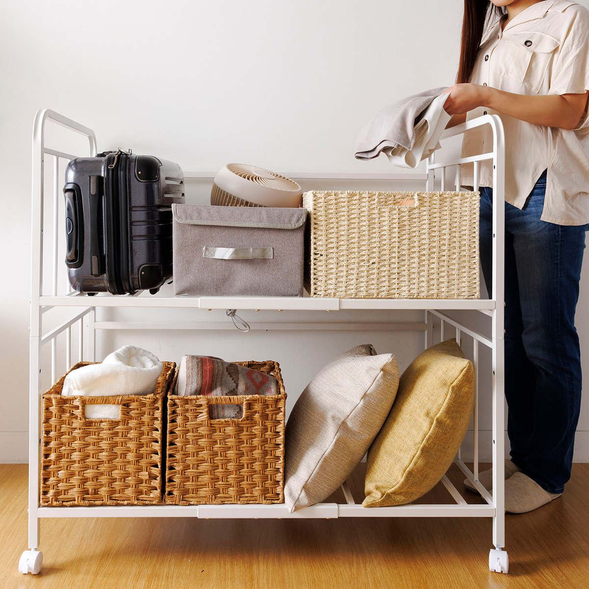 布団収納ラック2段 幅103.5奥行65.5高さ100cm キャスター付き （ 布団 収納 ラック ワゴン ふとん シングル 掛け布団 敷き布団 マットレス 通気性 高さ調節 ） | サン・ハーベスト | 16