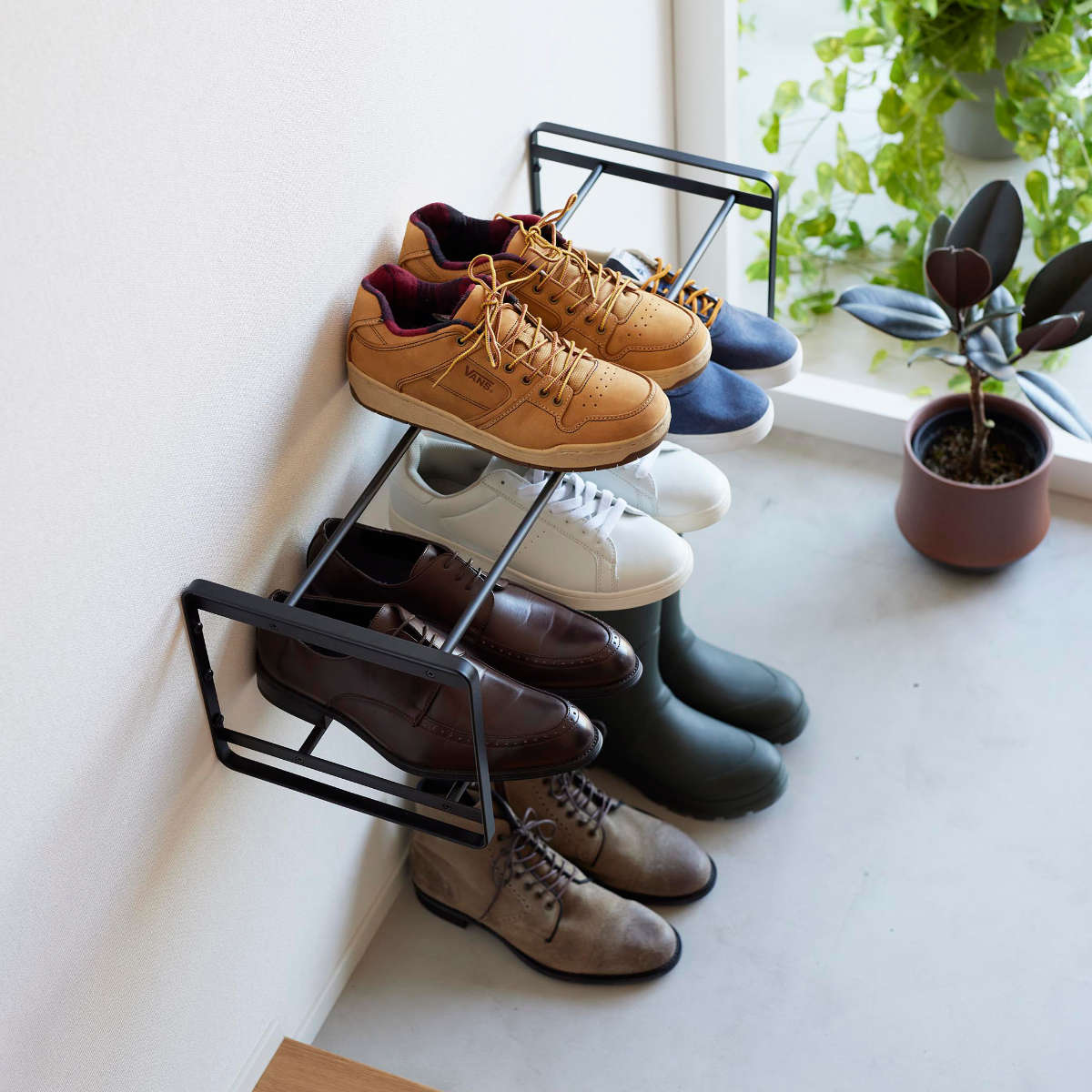 組立完成品スニーカーラック ウォールシェルフ tower 山崎実業 石こうボード壁対応ウォールシューズラック タワー 2段