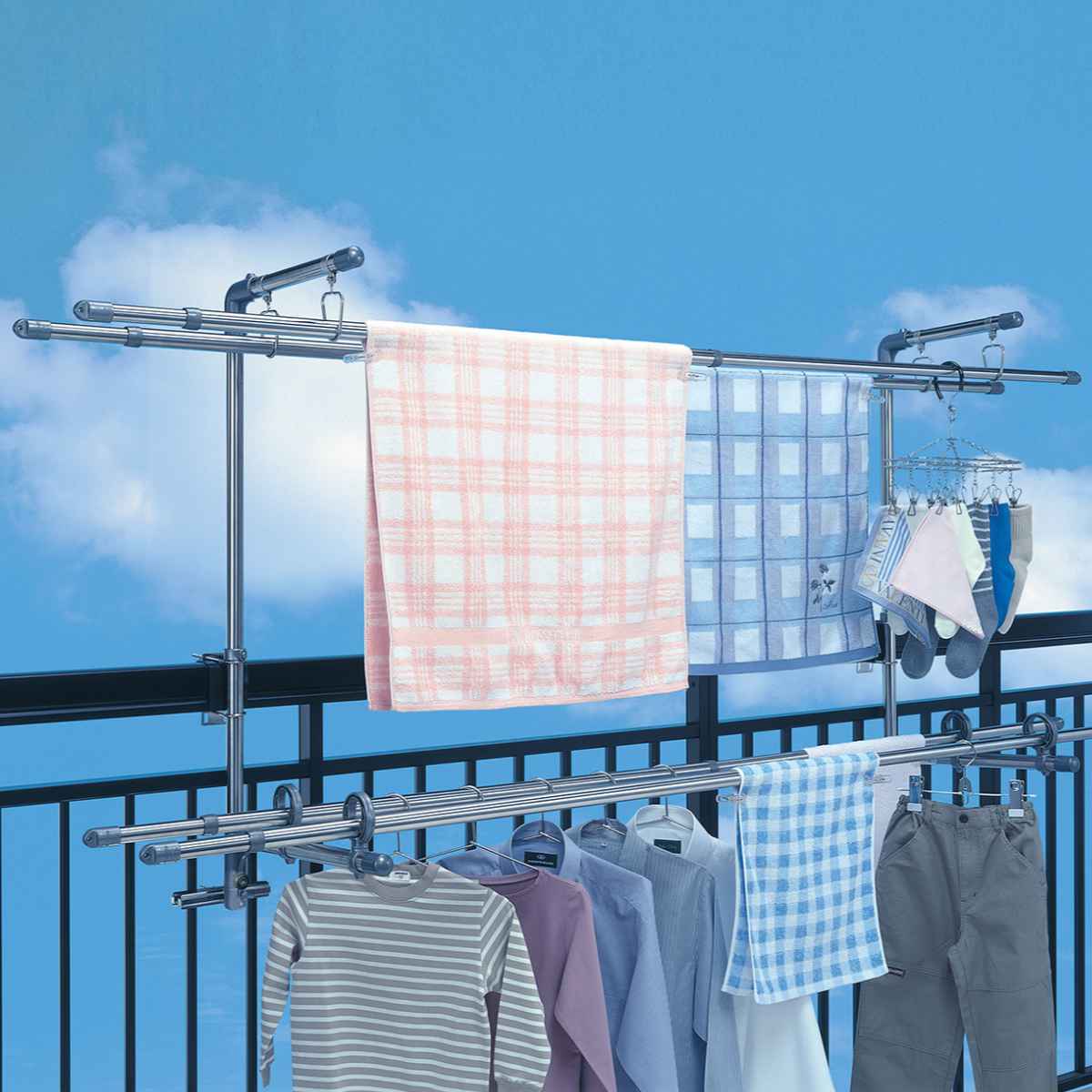 物干し ベランダ用 ベランダ用物干し台 ステンレス （ 物干しスタンド ベランダ 手すり固定 2段  ...