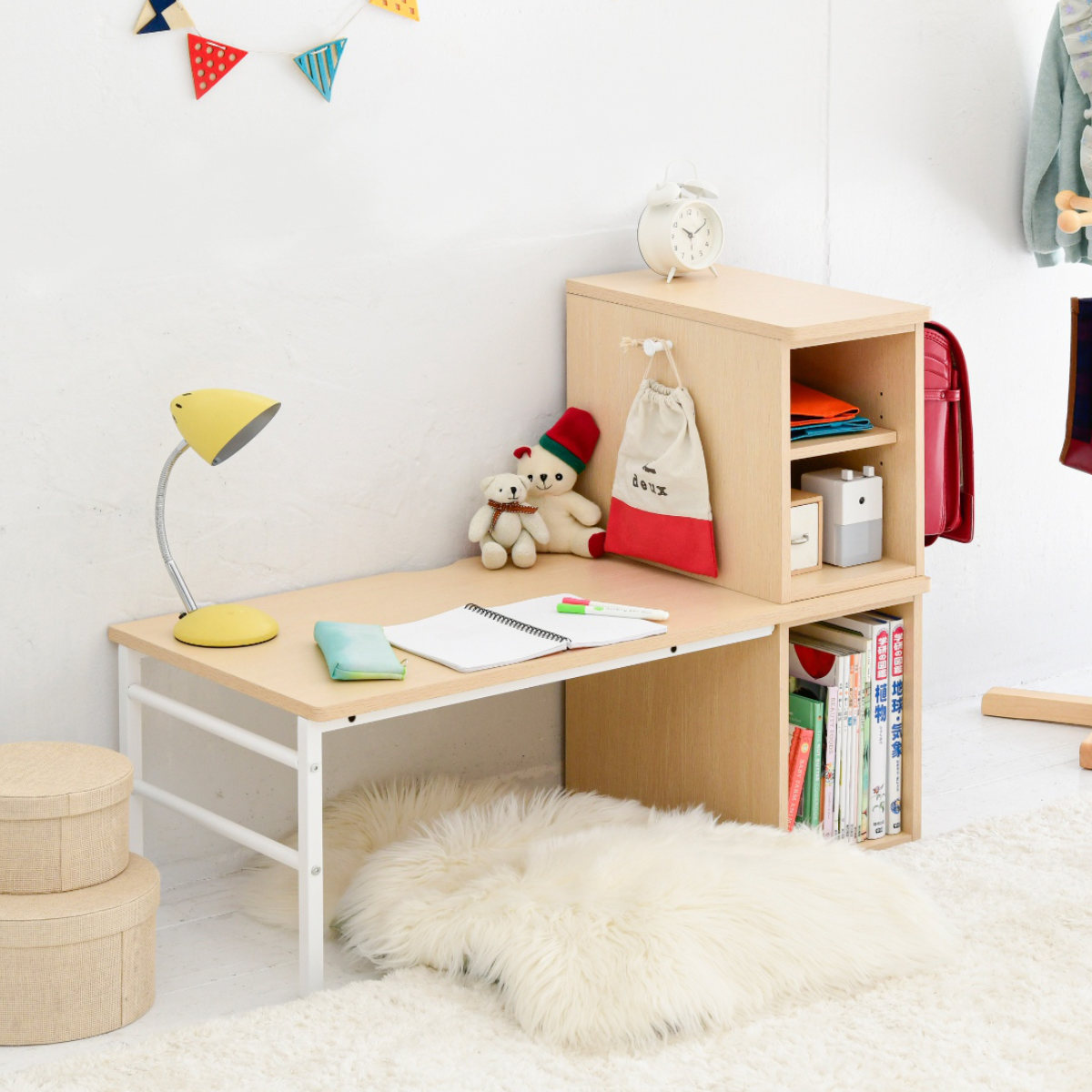 学習机 シンプル 幅95cm 高さ調節 左右入替ラック付き （ デスク 机